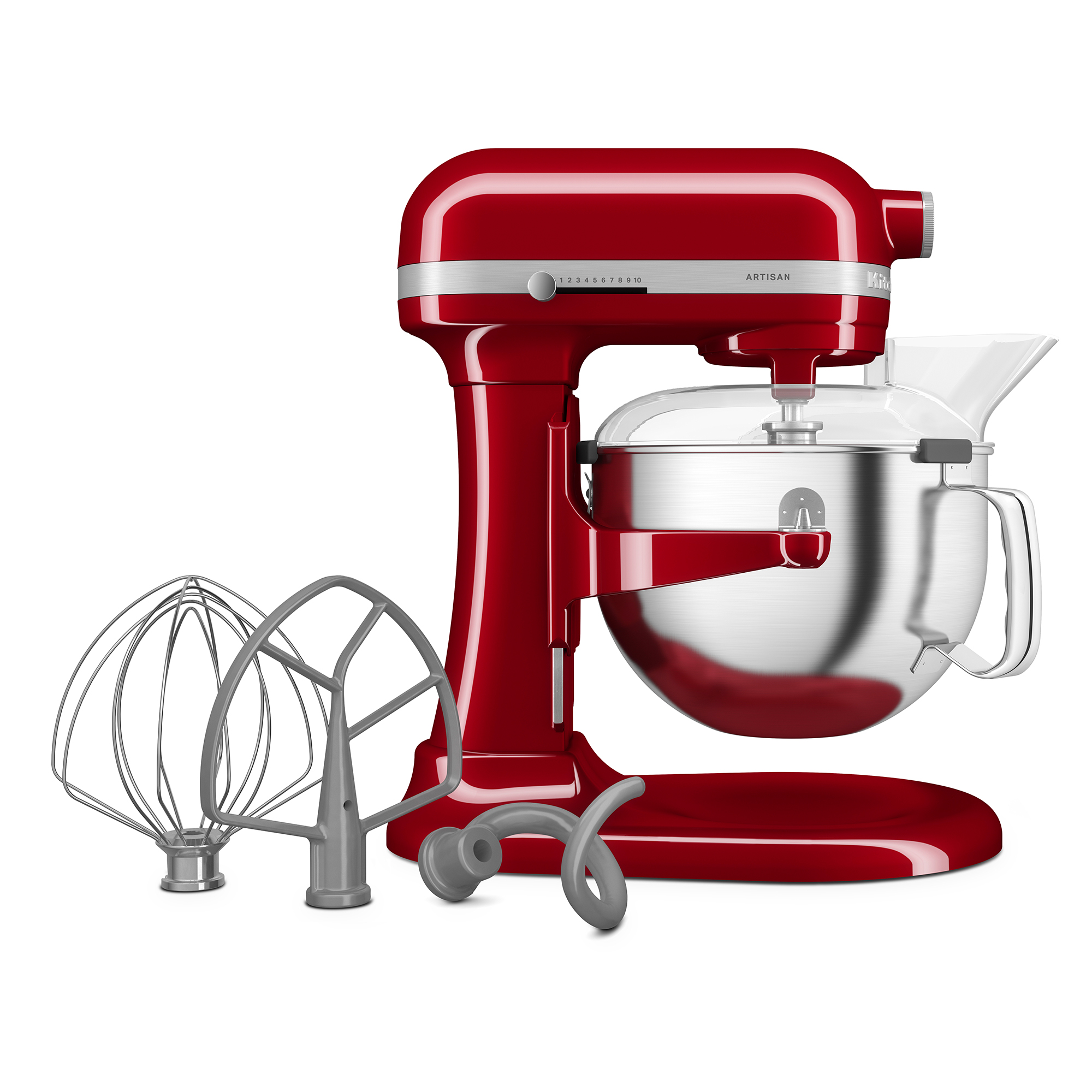 Una planetaria KitchenAid rossa con ciotola argentata e accessori.