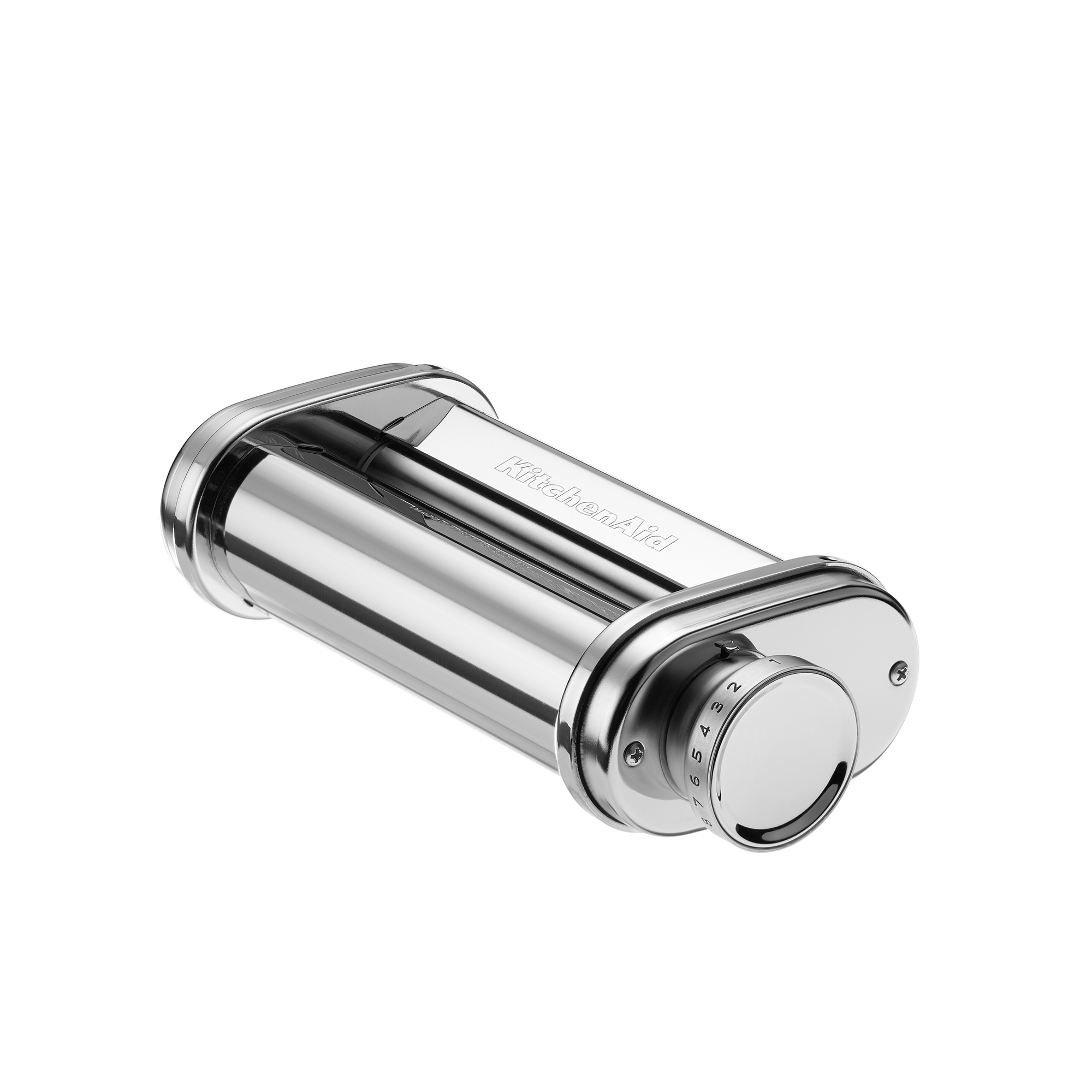 Un laminoir à pâtes argenté brillant avec logo KitchenAid et cadran numéroté.