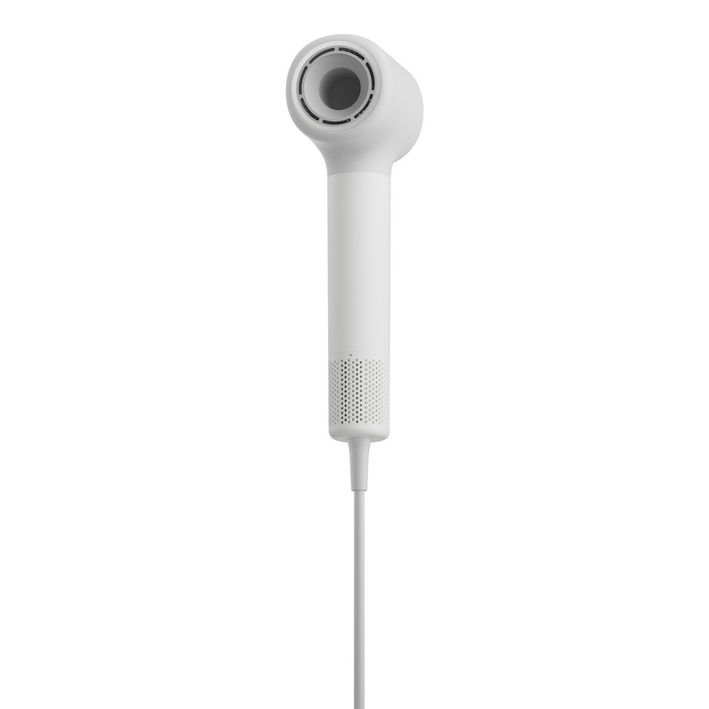 Un auricolare bianco con cavo grigio, su sfondo bianco.