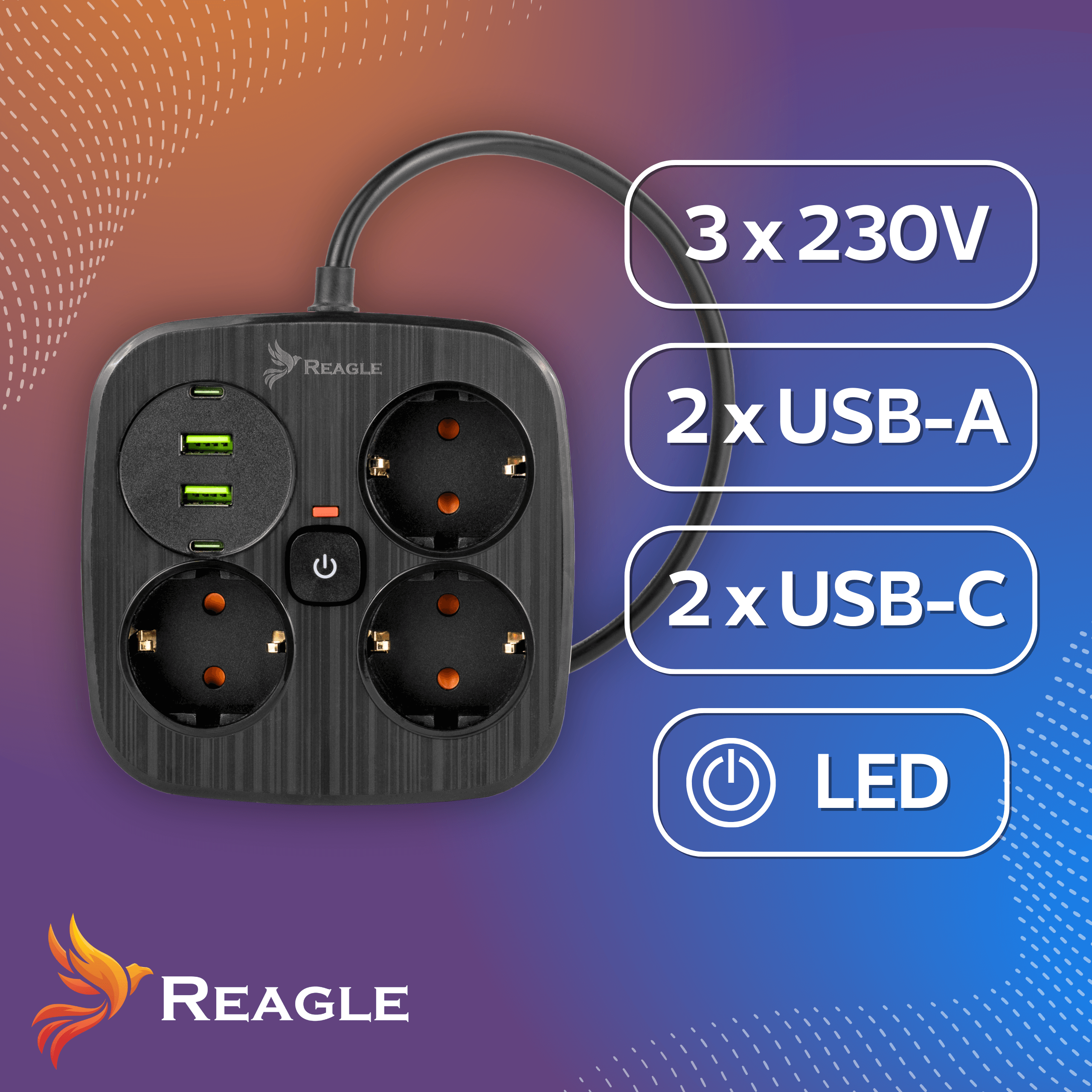 Czarna listwa zasilająca z 3 gniazdami, 2x USB-A, 2x USB-C i diodą LED.