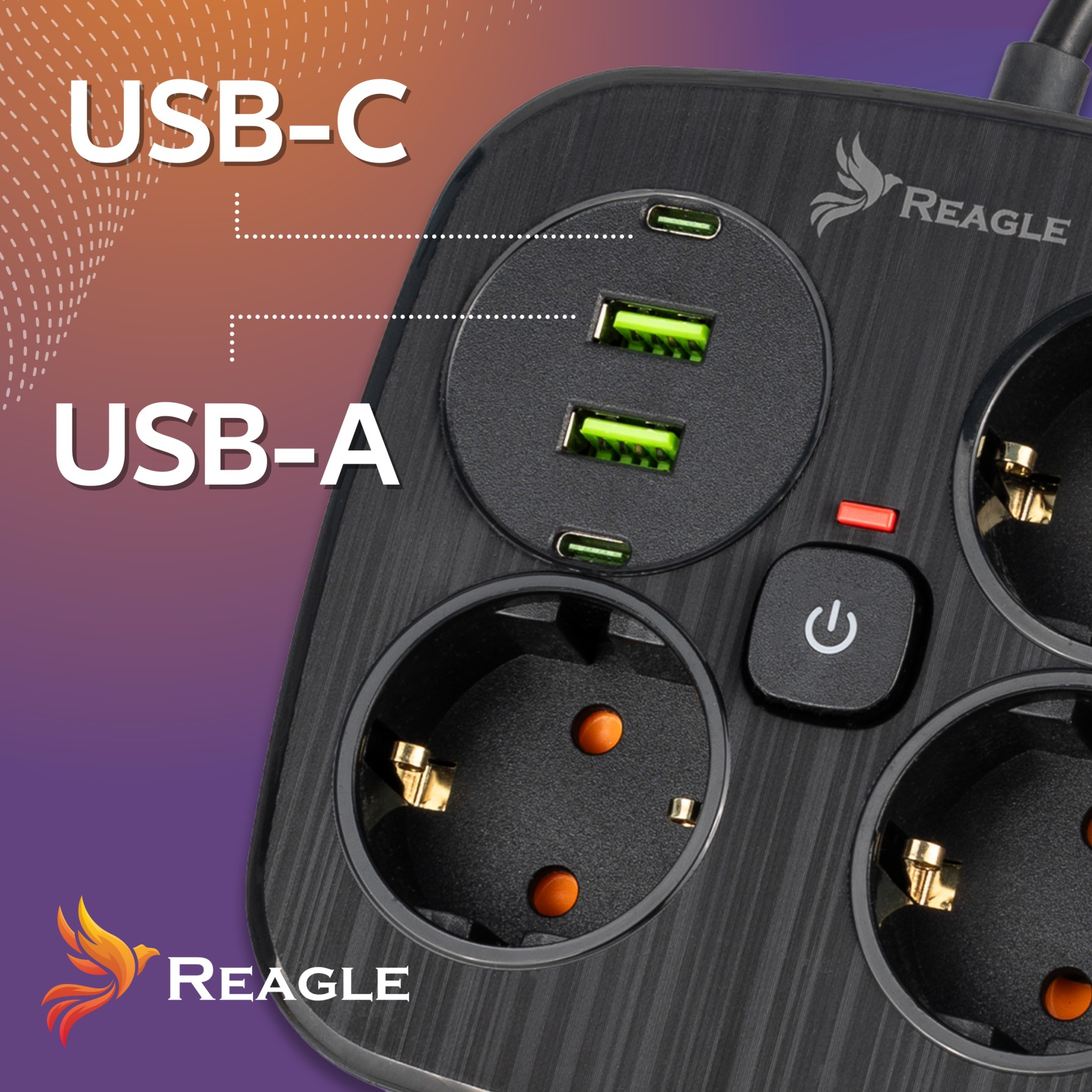 Czarna listwa zasilająca z portami USB-C, USB-A, przyciskiem zasilania i logo Reagle.