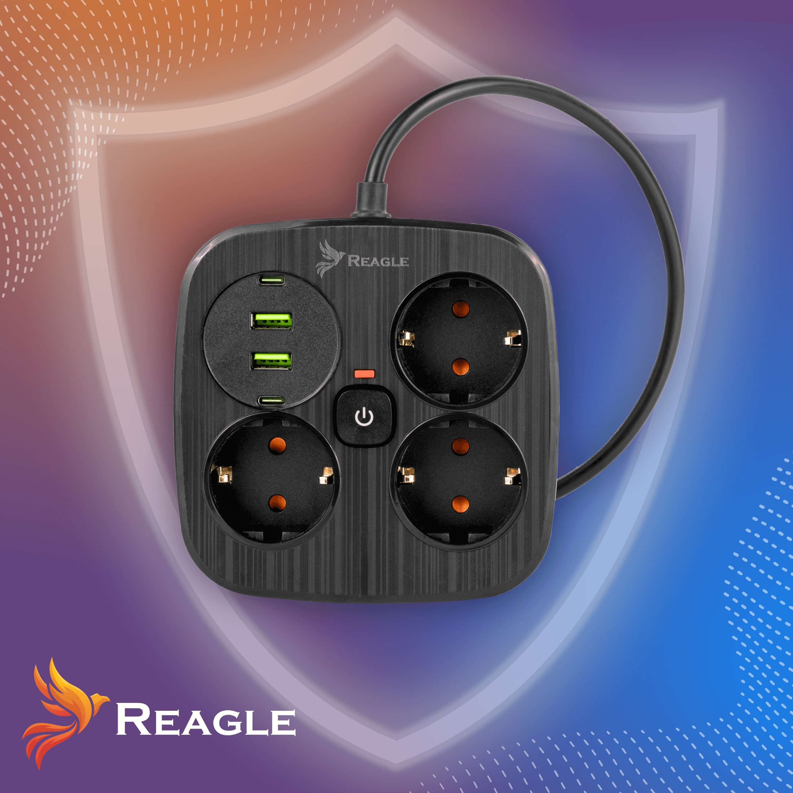 Czarna listwa zasilająca z portami USB, logo i zakrzywionym kablem.