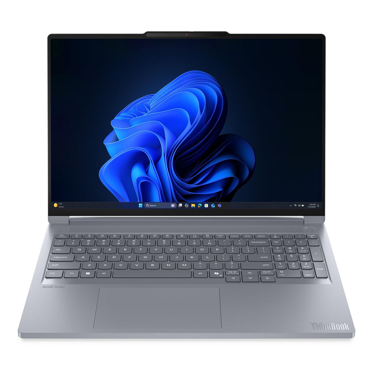 Gümüş renkli bir ThinkBook dizüstü bilgisayar açık, ekranında mavi soyut duvar kağıdı görünüyor.