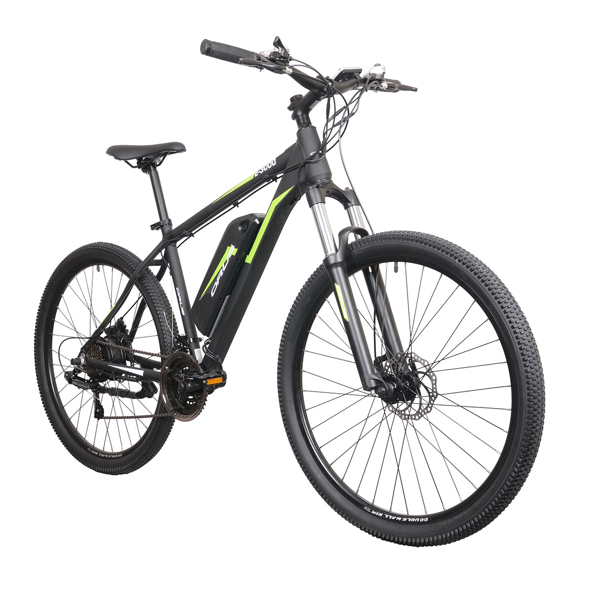 Czarny rower elektryczny górski z zielonymi akcentami, amortyzowany widelec.