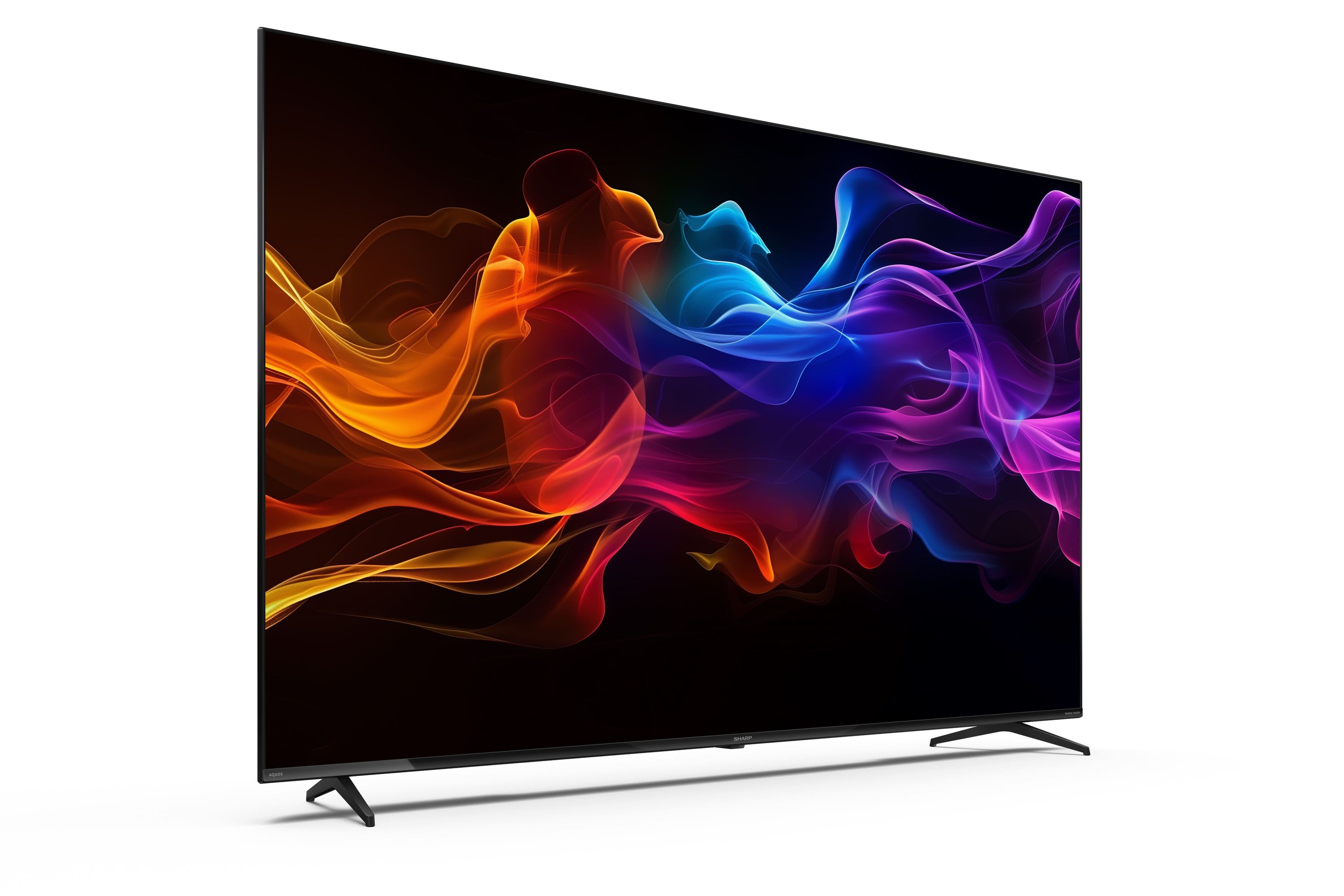 Un téléviseur moderne affichant un design abstrait de fumée colorée à l'écran.