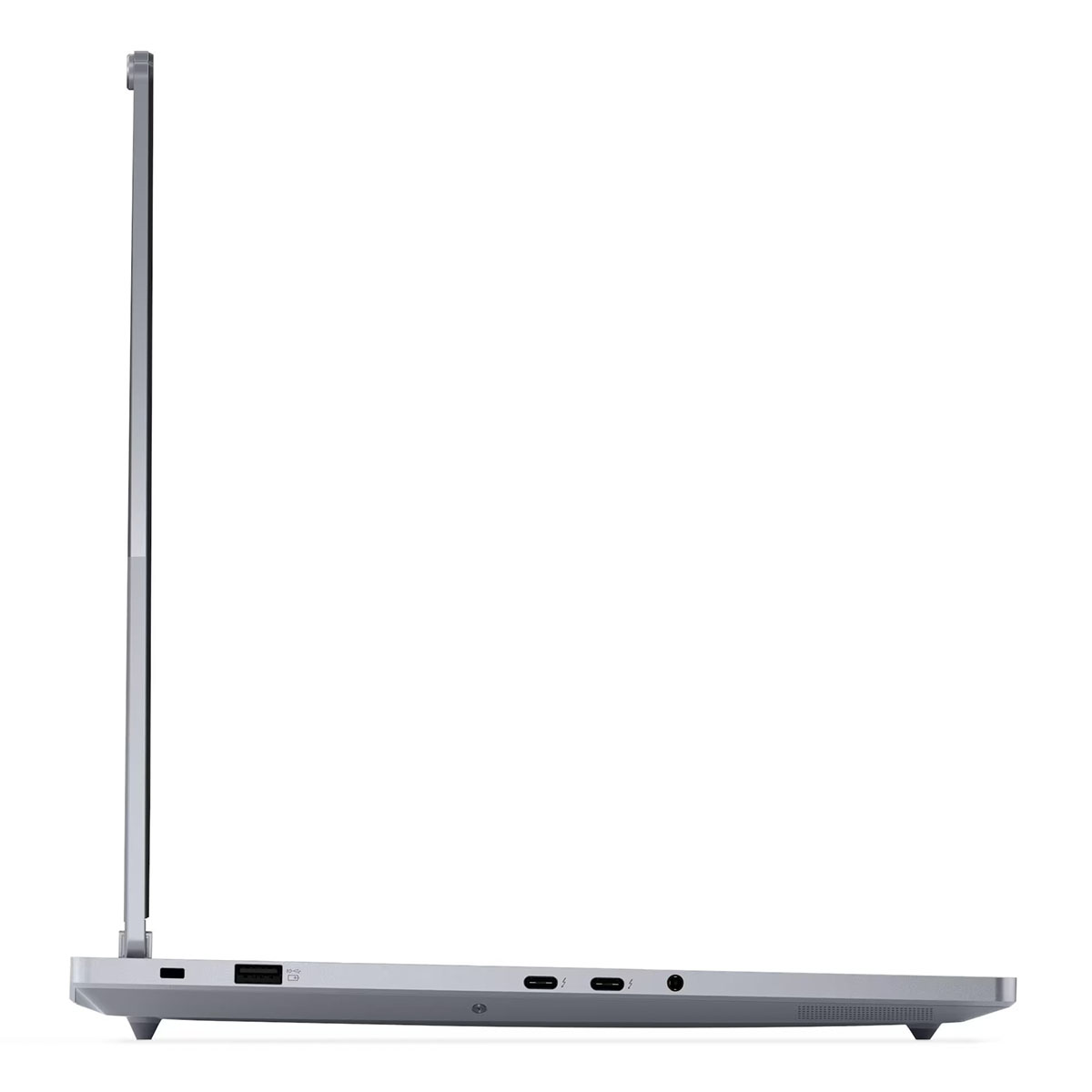 Gümüş rengi bir dizüstü bilgisayarın yan görünümü. USB bağlantı noktalarını ve Thunderbolt bağlantı noktalarını gösterir.