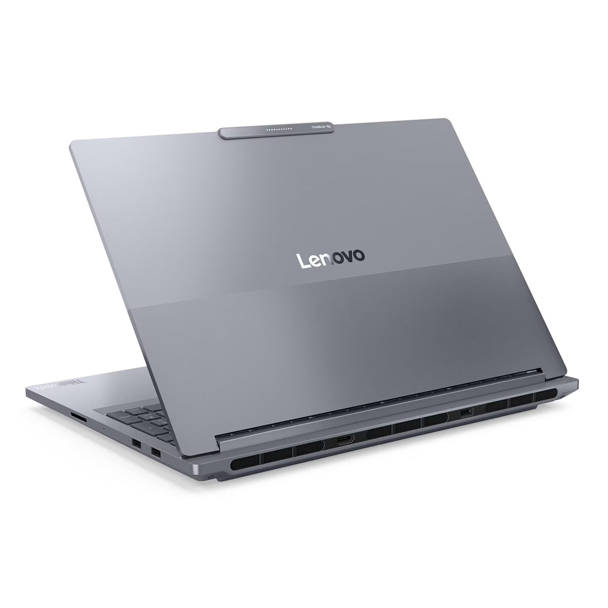 Beyaz arka plan üzerinde açık kapaklı gri Lenovo dizüstü bilgisayar.