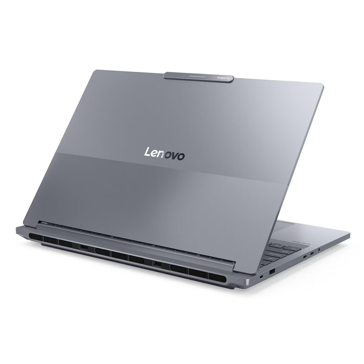 Arkadan ve klavye tarafından görülen kapalı, gri bir Lenovo dizüstü bilgisayar.