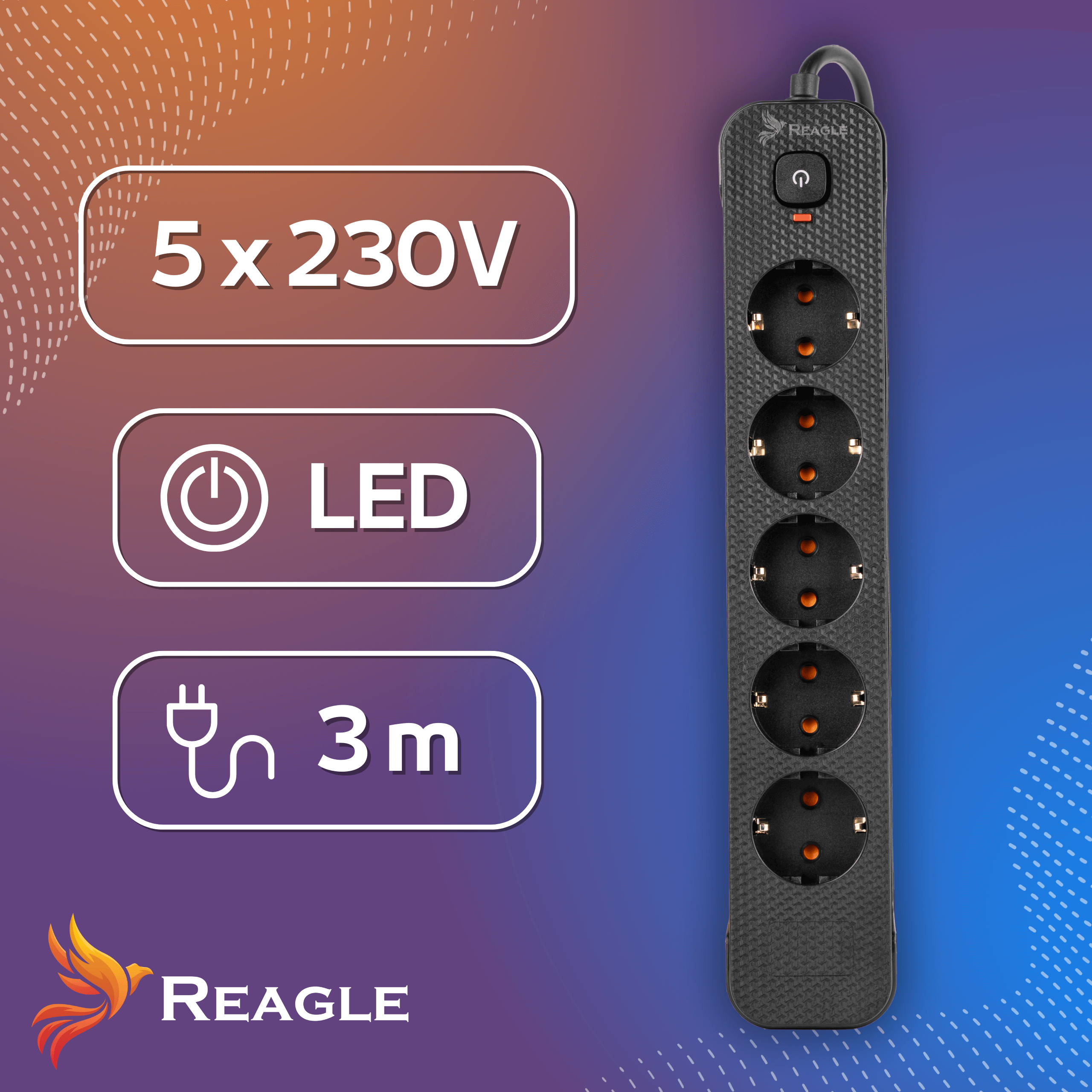 Czarna listwa zasilająca z 5 gniazdami, wskaźnikiem LED i 3m kablem.
