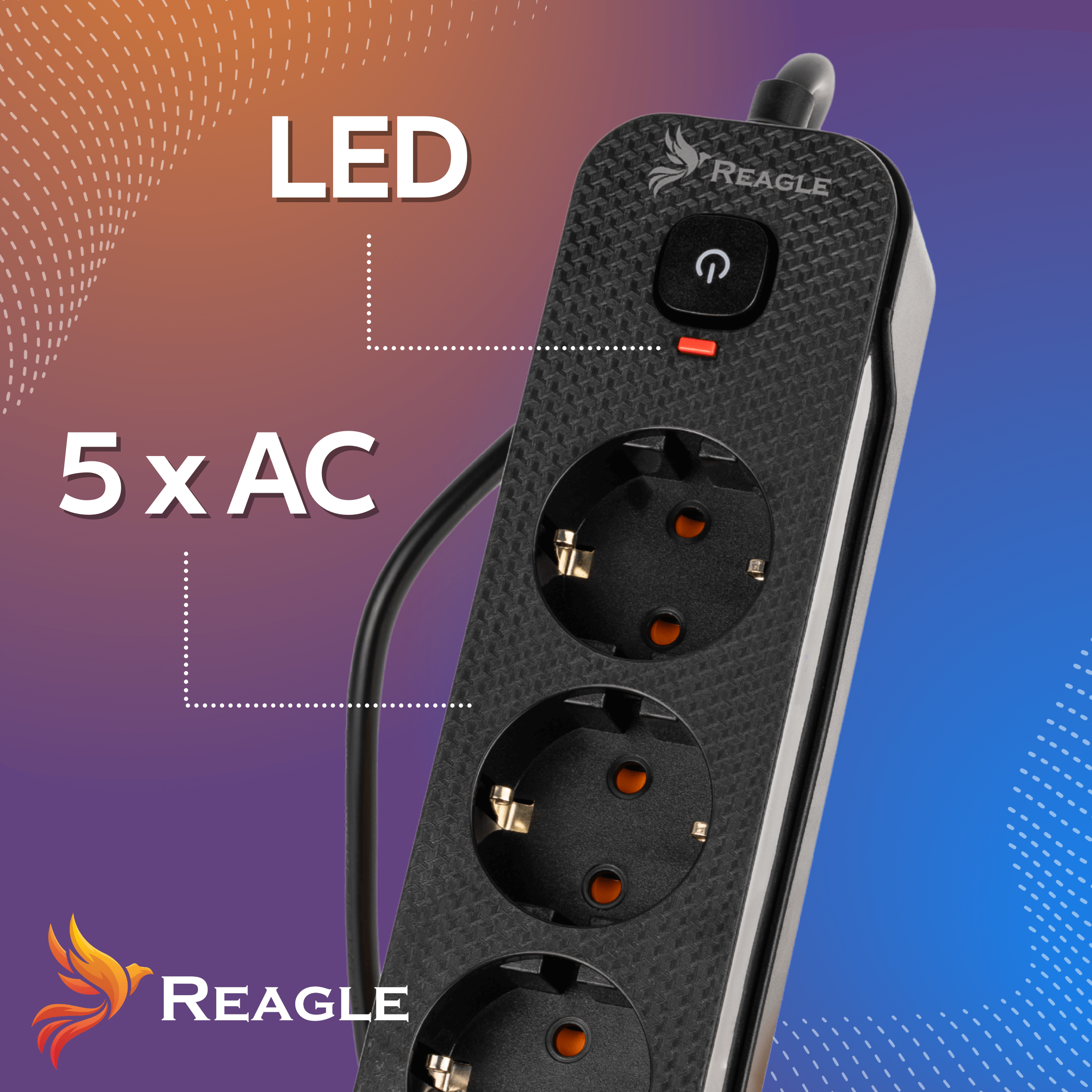 Czarna listwa zasilająca z 5 gniazdami, czerwonym włącznikiem i diodą LED.