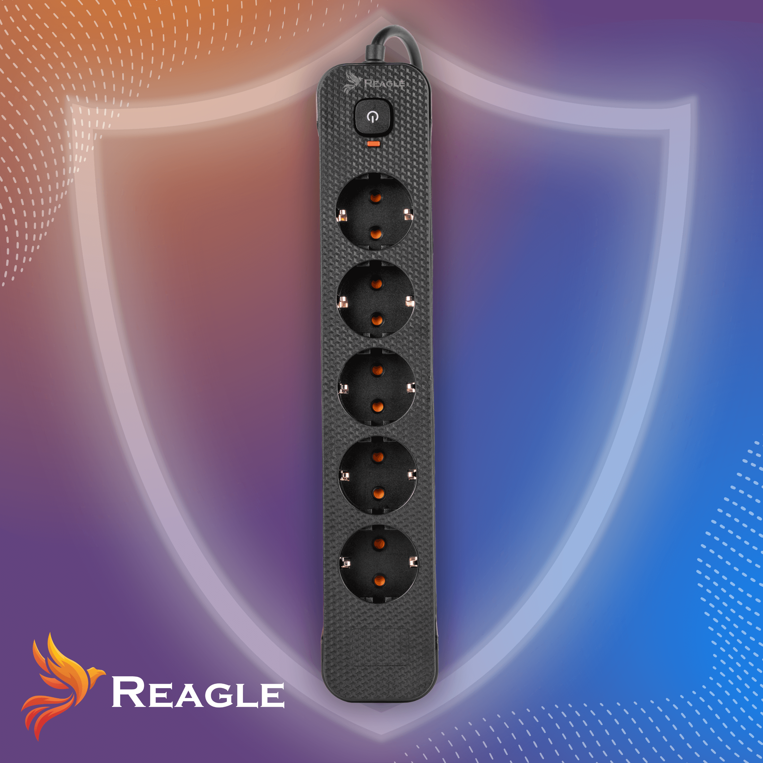 Czarna listwa zasilająca z pięcioma gniazdami i włącznikiem.