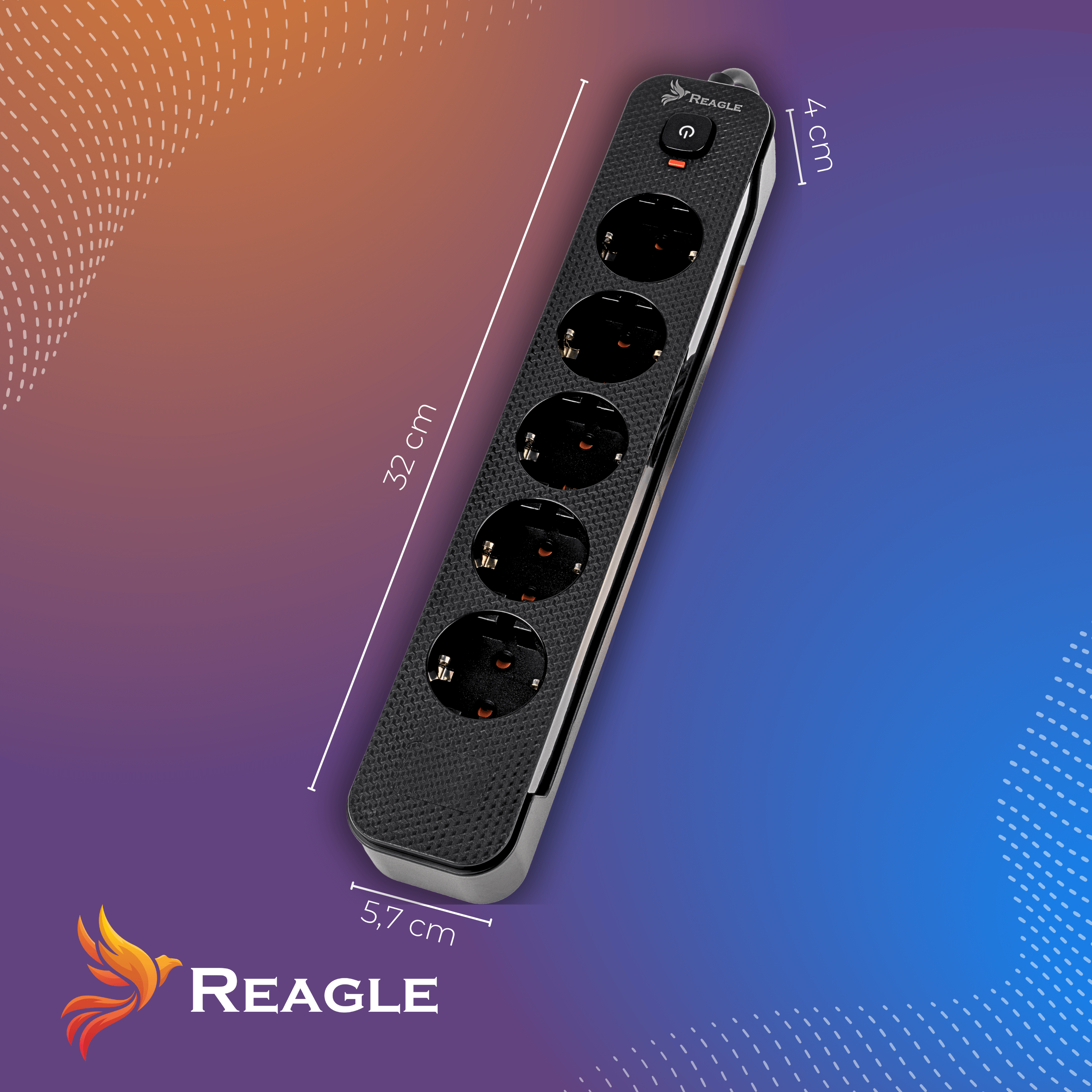 Czarna listwa zasilająca z 5 gniazdami i przyciskiem zasilania.