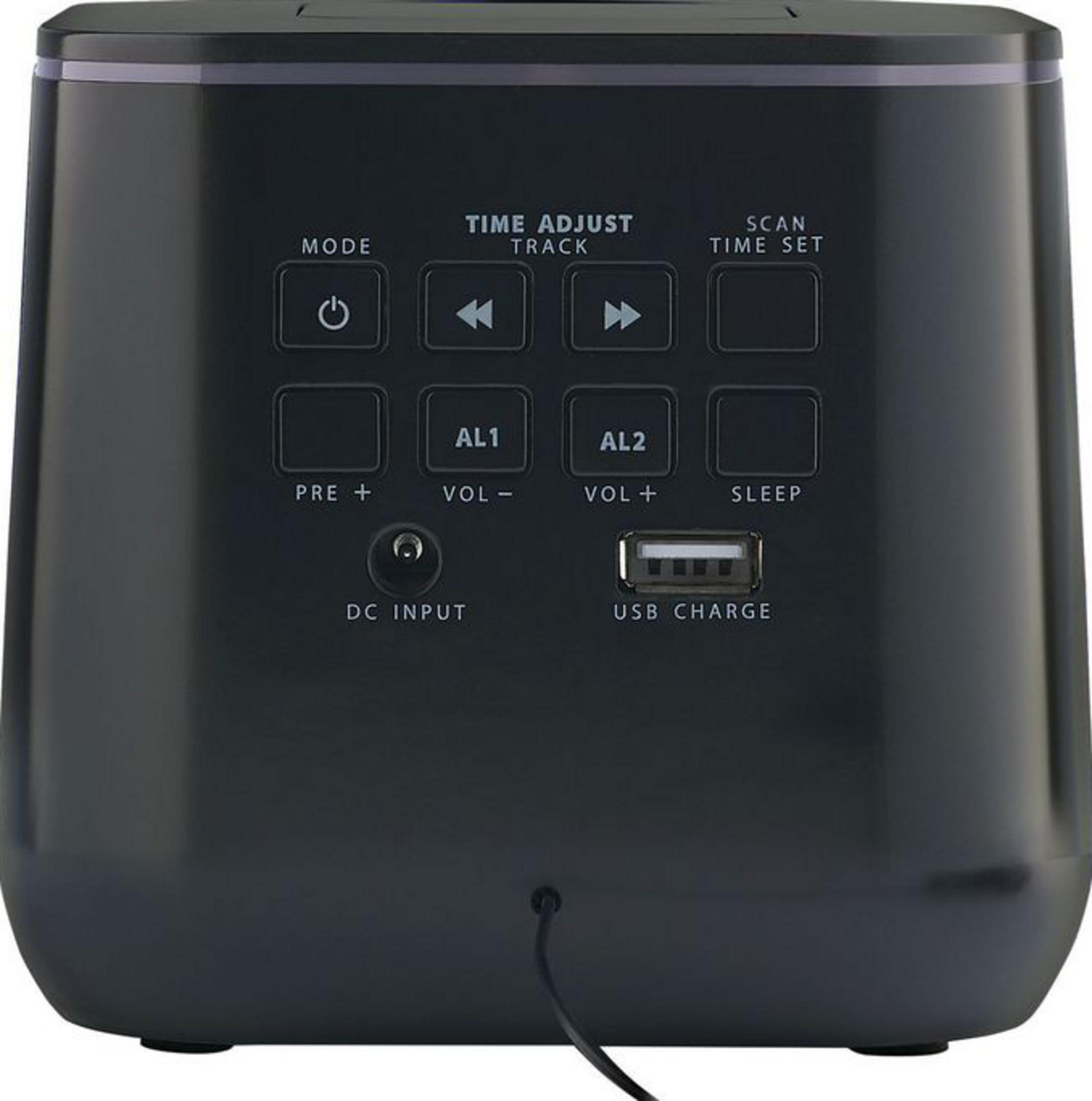 Schwarzer Wecker mit Tasten für Modus, Lautstärke und Zeit. USB-Anschluss.