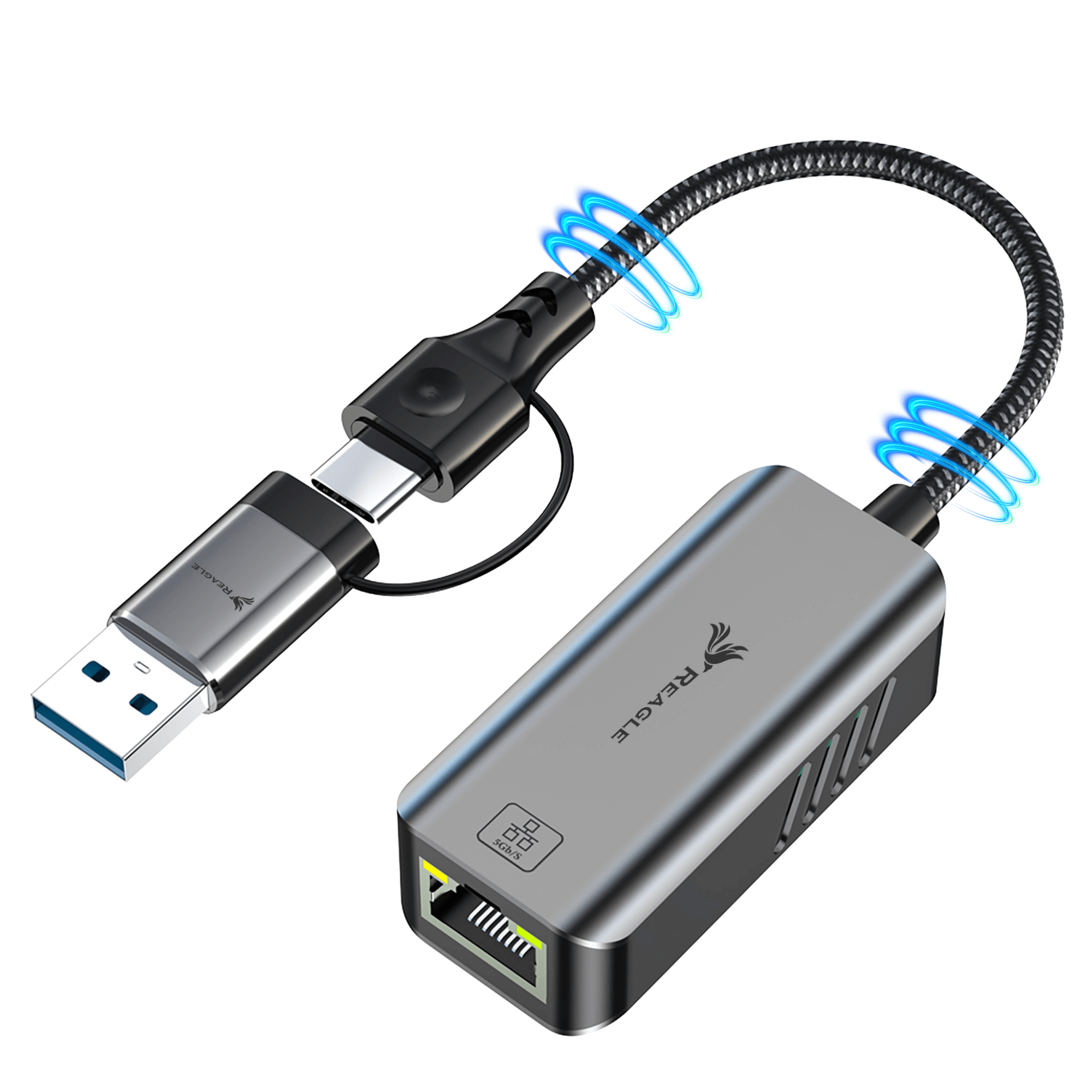 Srebrny adapter USB do Ethernet z niebieskimi świecącymi pierścieniami.