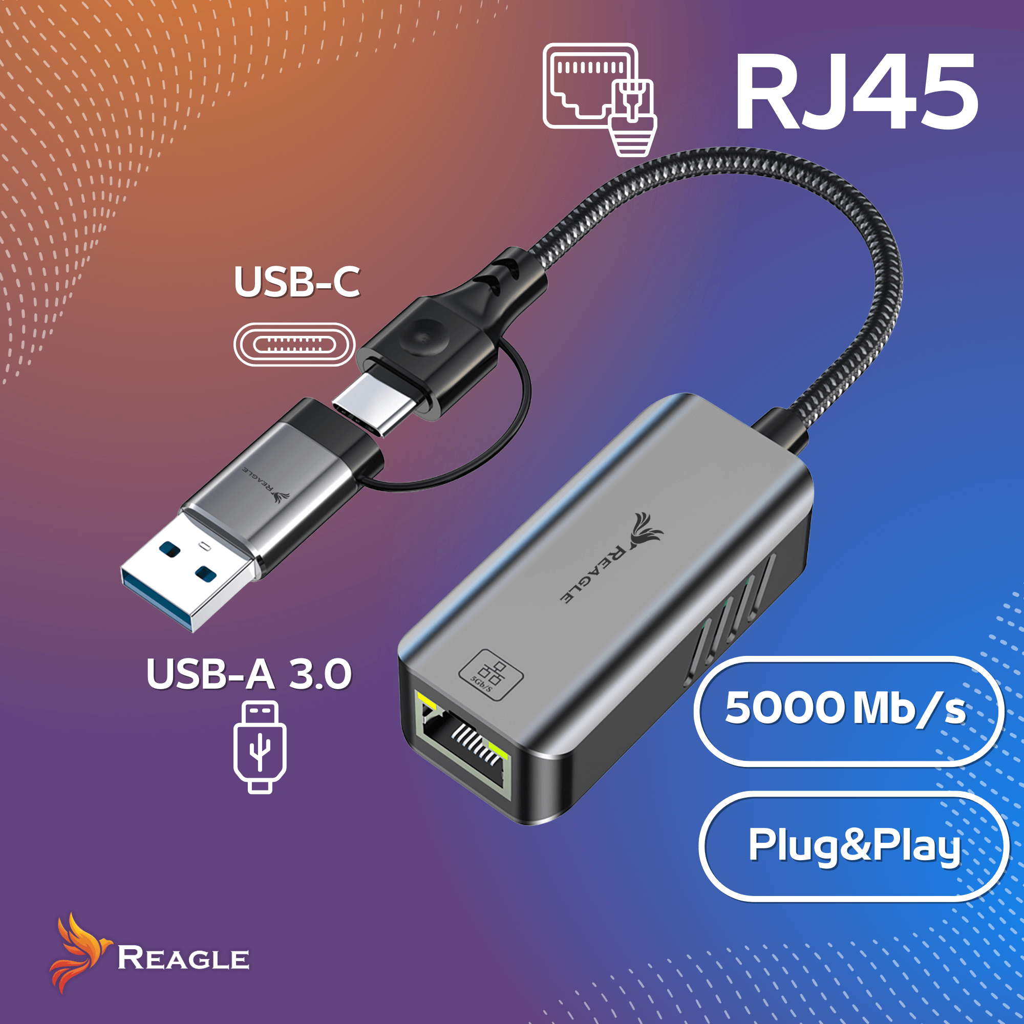 Adapter USB-C na RJ45 5000 Mb/s, Plug&Play.