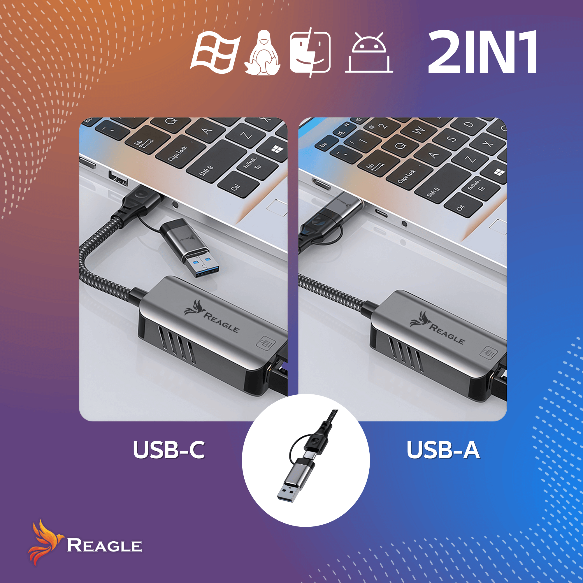 Adapter Reagle 2 w 1: porty USB-C i USB-A na laptopie.
