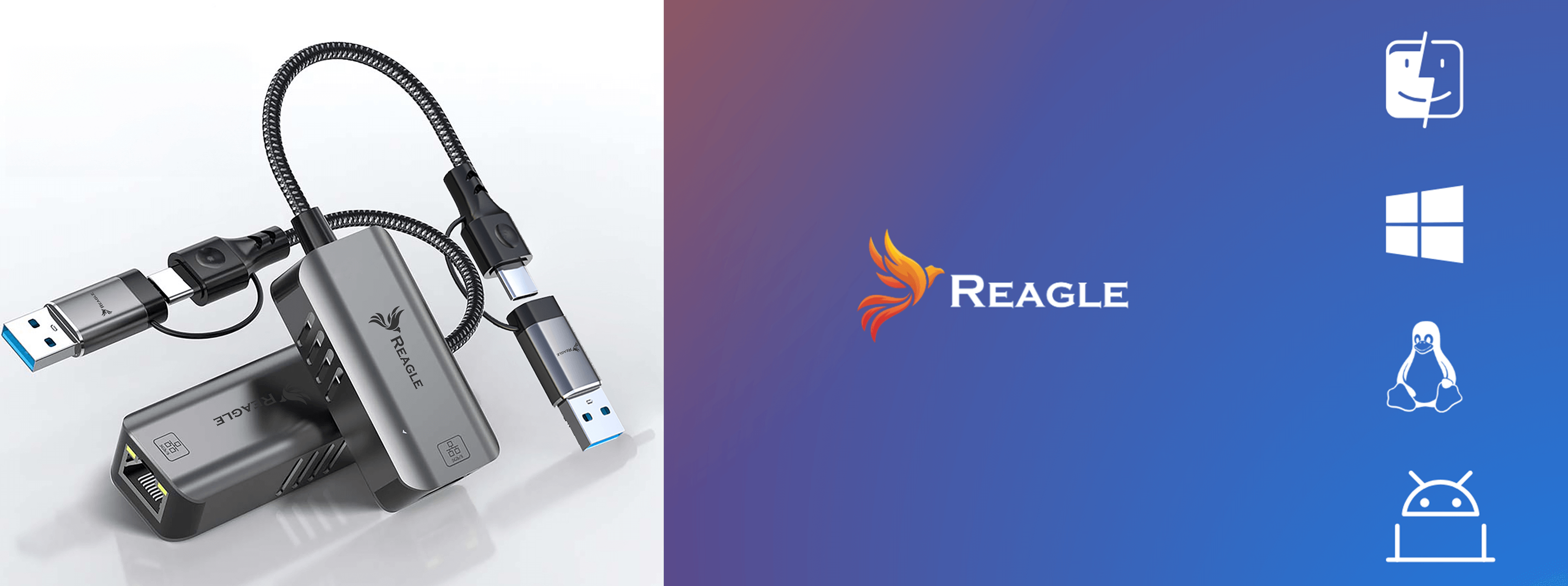 Adapter Reagle USB-C do Ethernet z portem USB-A i logo.