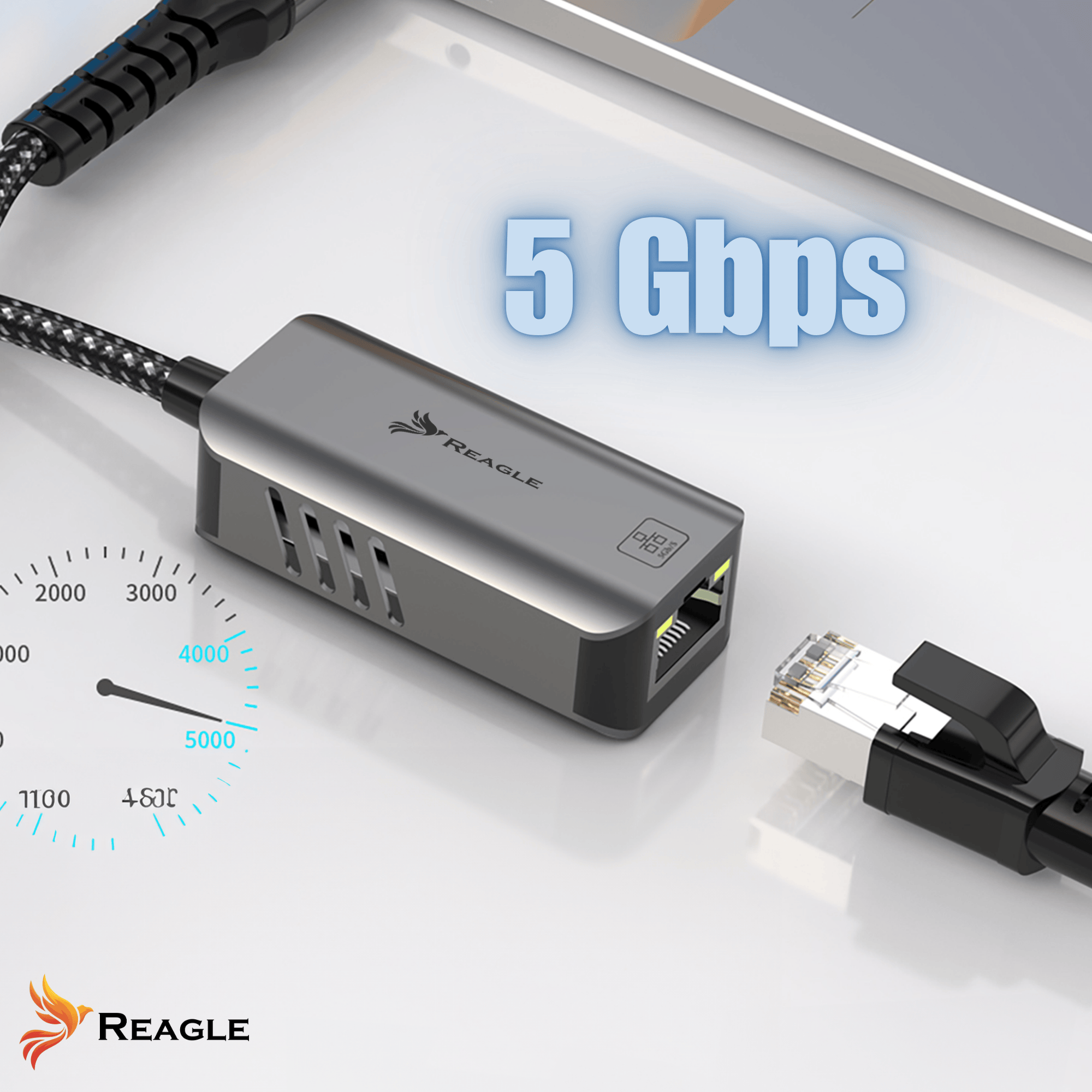 Srebrny adapter Ethernet z napisem "5 Gbps" i złączem RJ45.