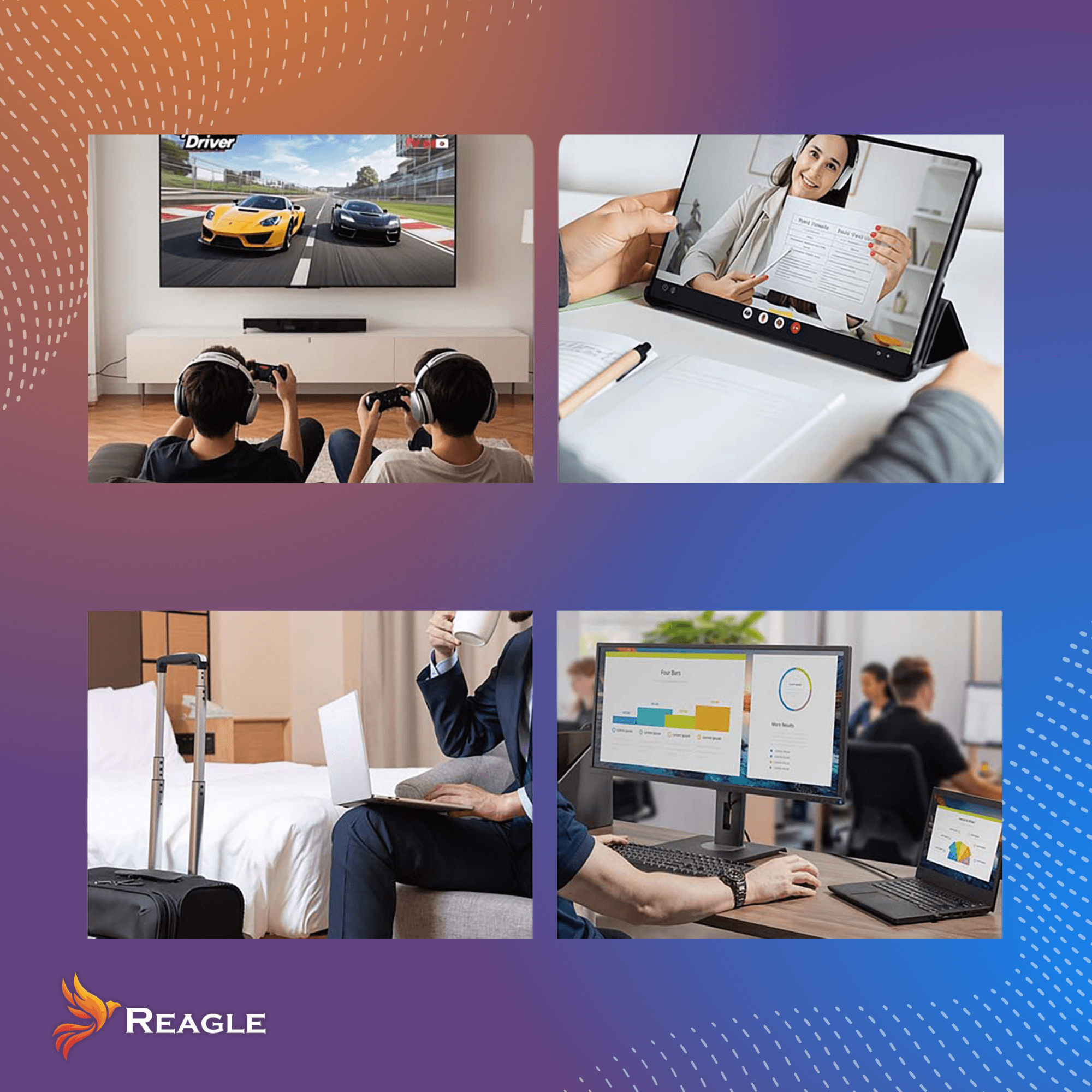 Cztery sceny: Wyścig samochodowy, wideokonferencja, mężczyzna w hotelu, biuro z wykresami.