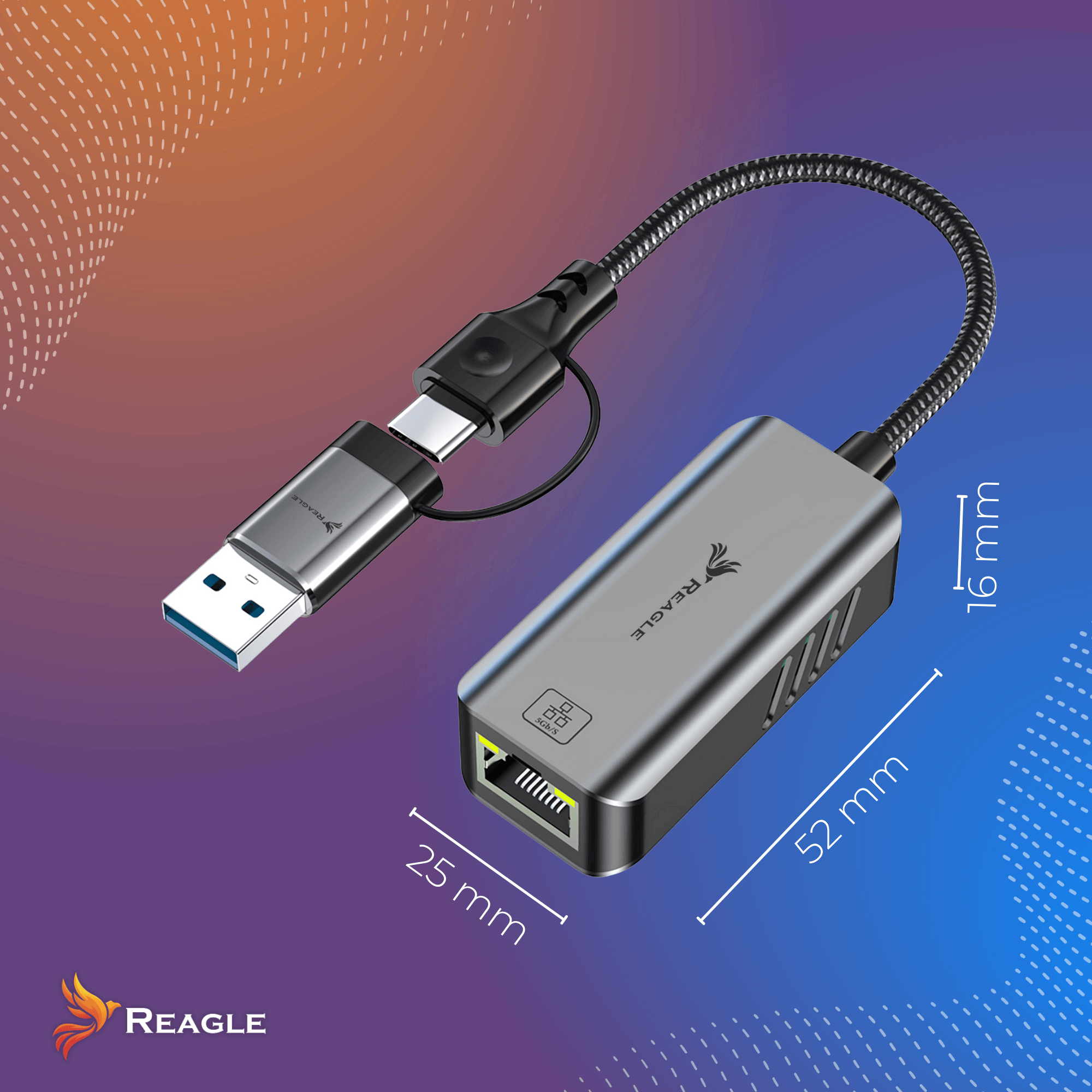 Srebrny adapter USB-C do Ethernet z kablem, pokazany z wymiarami.
