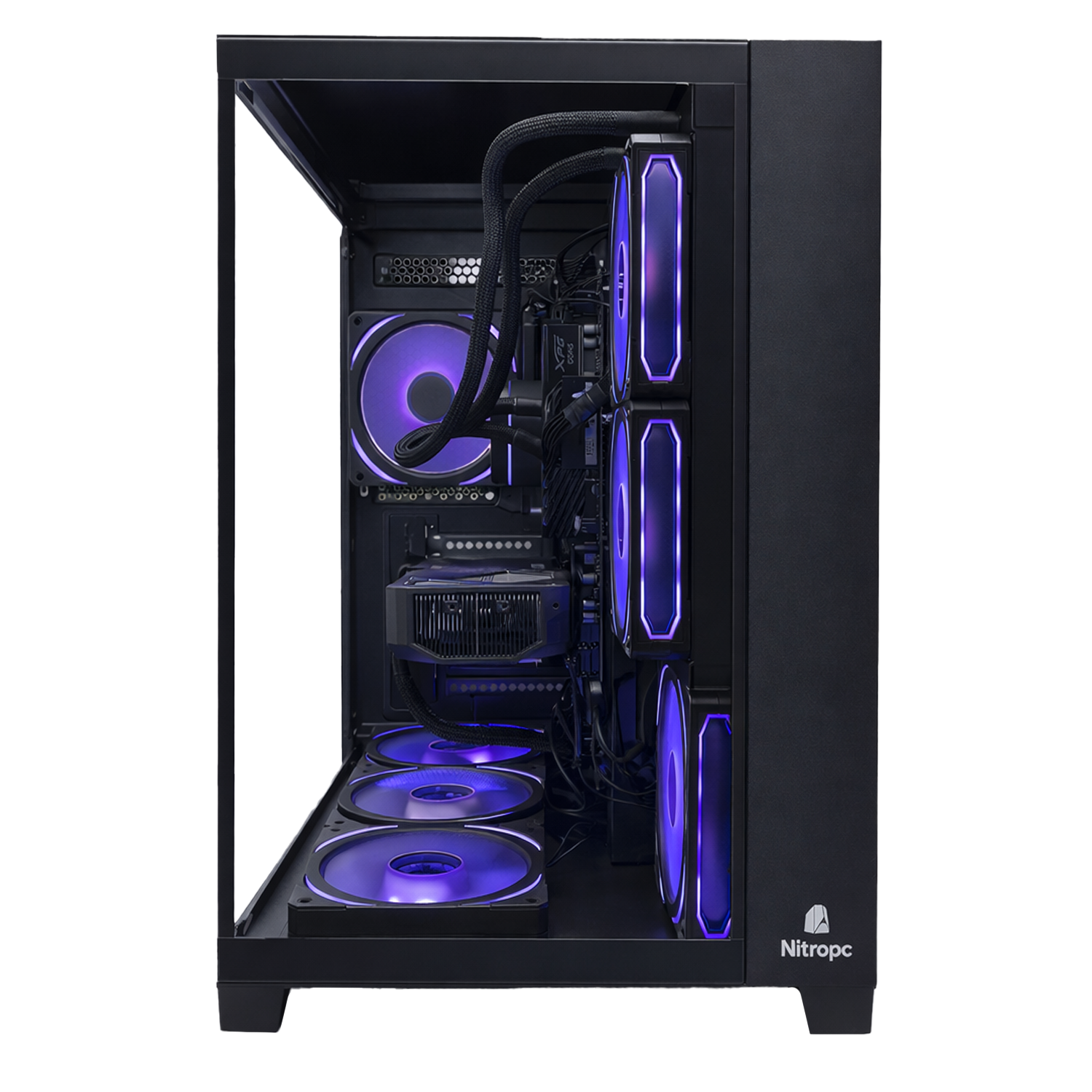 Czarna obudowa komputera z fioletowymi podświetlanymi wentylatorami i podzespołami.