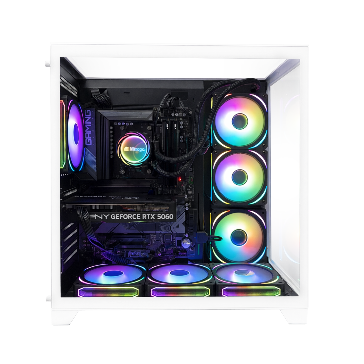 Białe wnętrze obudowy komputera z wentylatorami RGB i podzespołami.