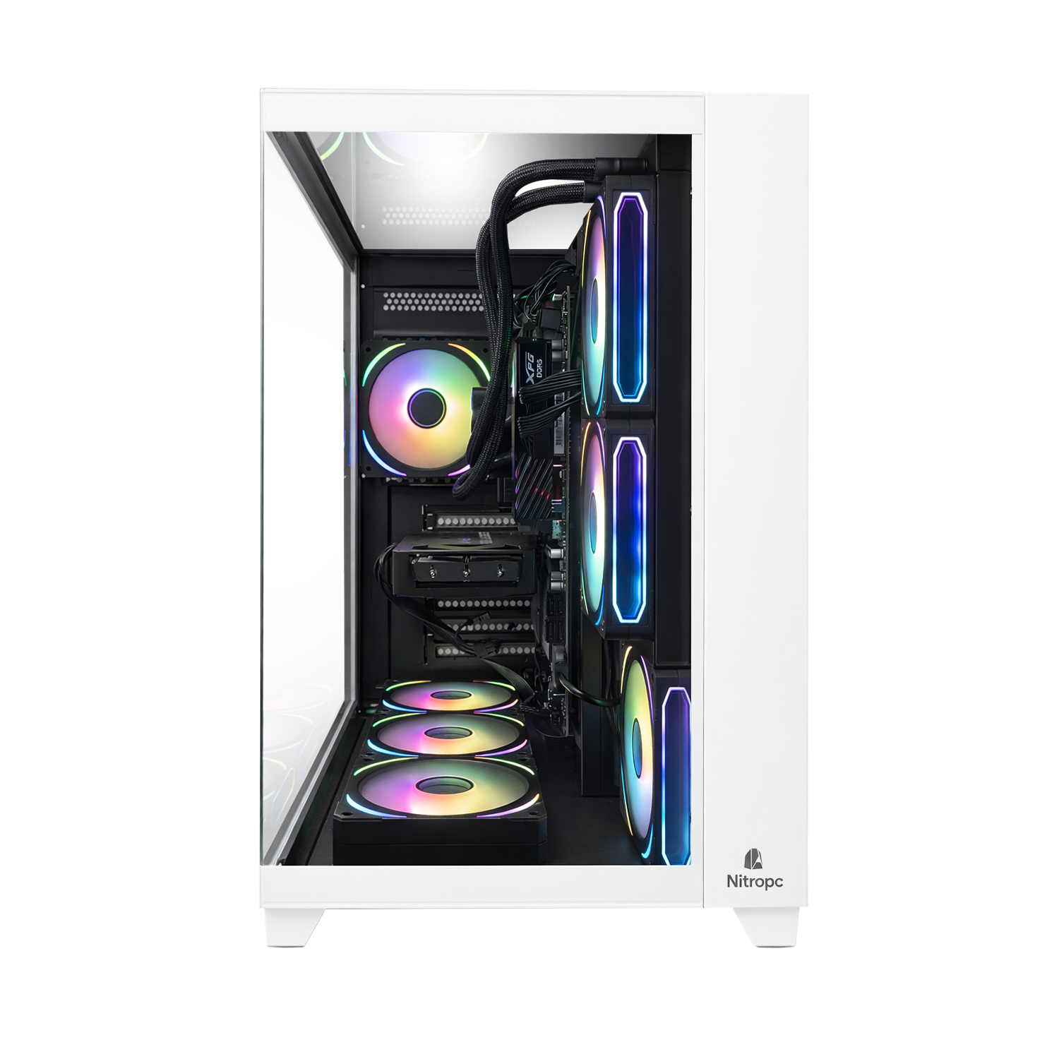 Biała obudowa komputera z wentylatorami RGB i widocznymi podzespołami.
