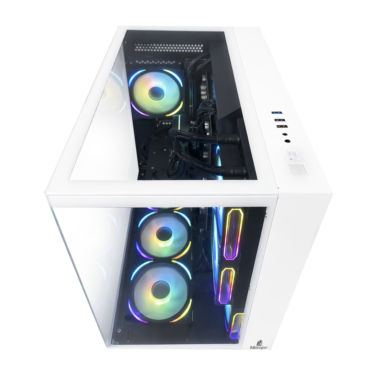 Biała obudowa komputera z podświetlanymi wentylatorami i paskami RGB.