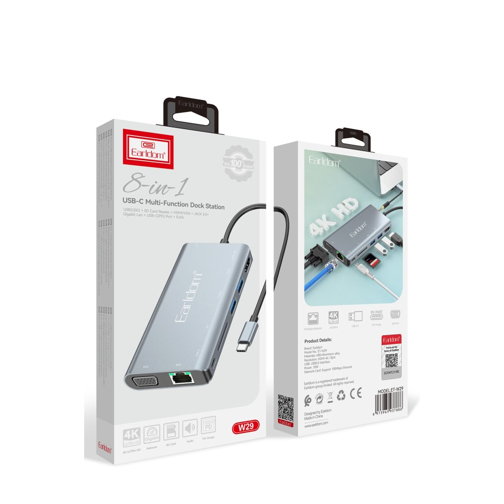 Gümüş renkli 8'i 1 arada USB-C yerleştirme istasyonu paketi, bağlantı noktaları.