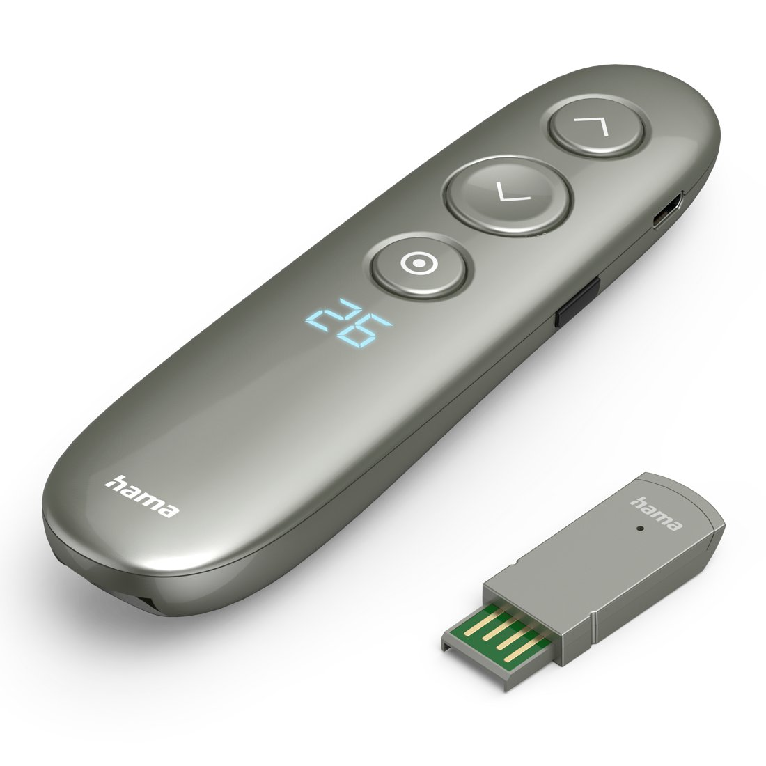 Srebrny pilot Hama do prezentacji z odbiornikiem USB i cyfrowym wyświetlaczem.