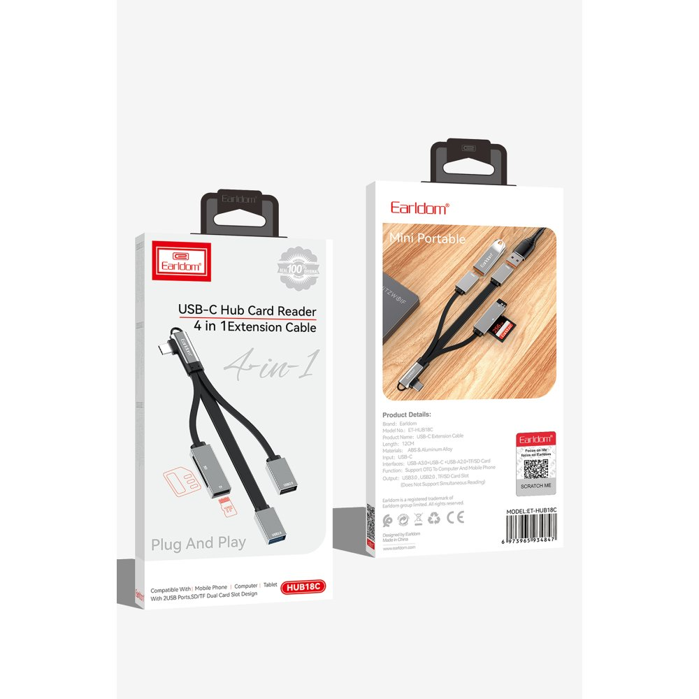 Earldom USB-C Hub Kart Okuyucu 4'ü 1 Arada Uzatma Kablosu, 12cm, gümüş.