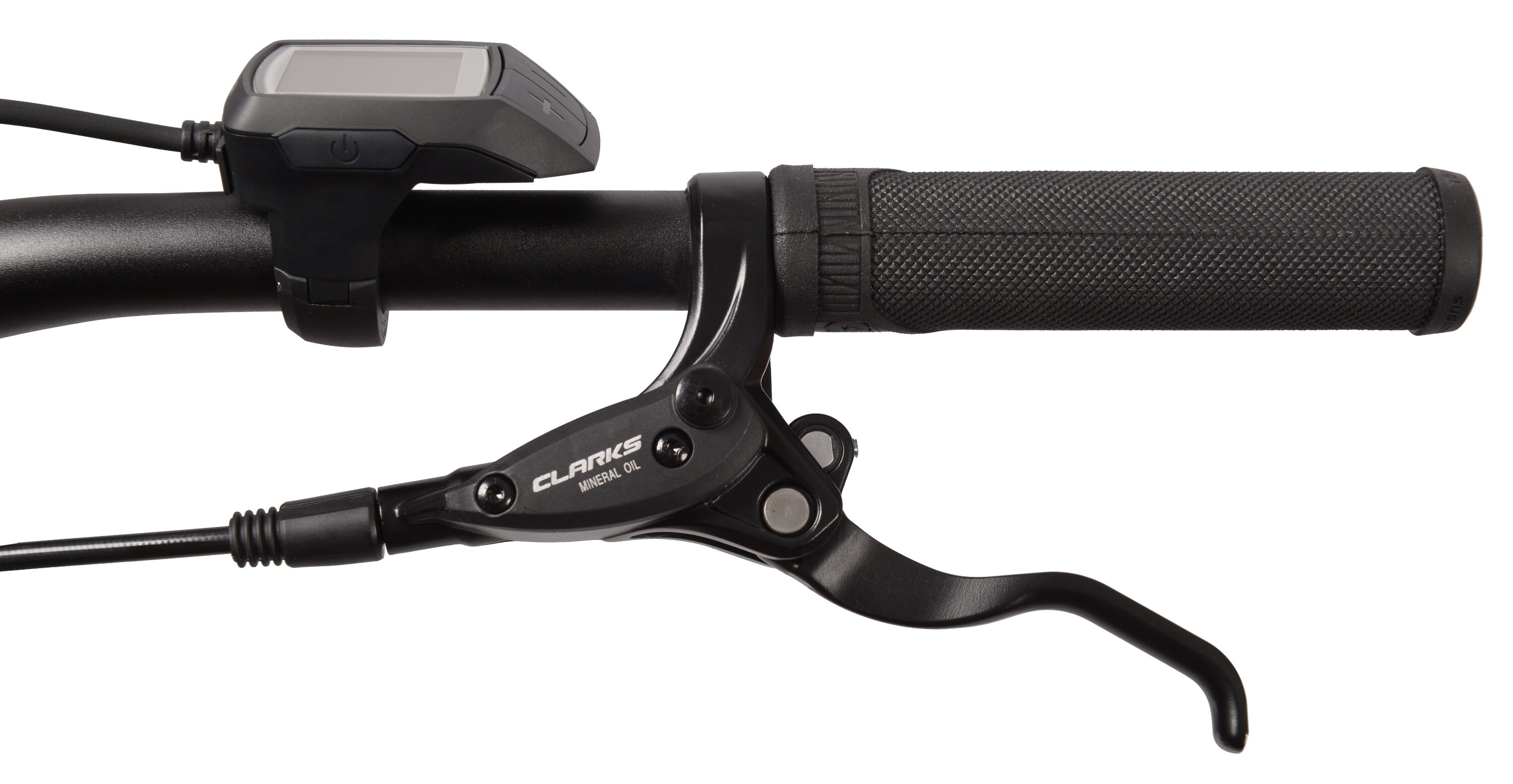 Kierownica roweru z wyświetlaczem, chwytem i dźwignią hamulca.