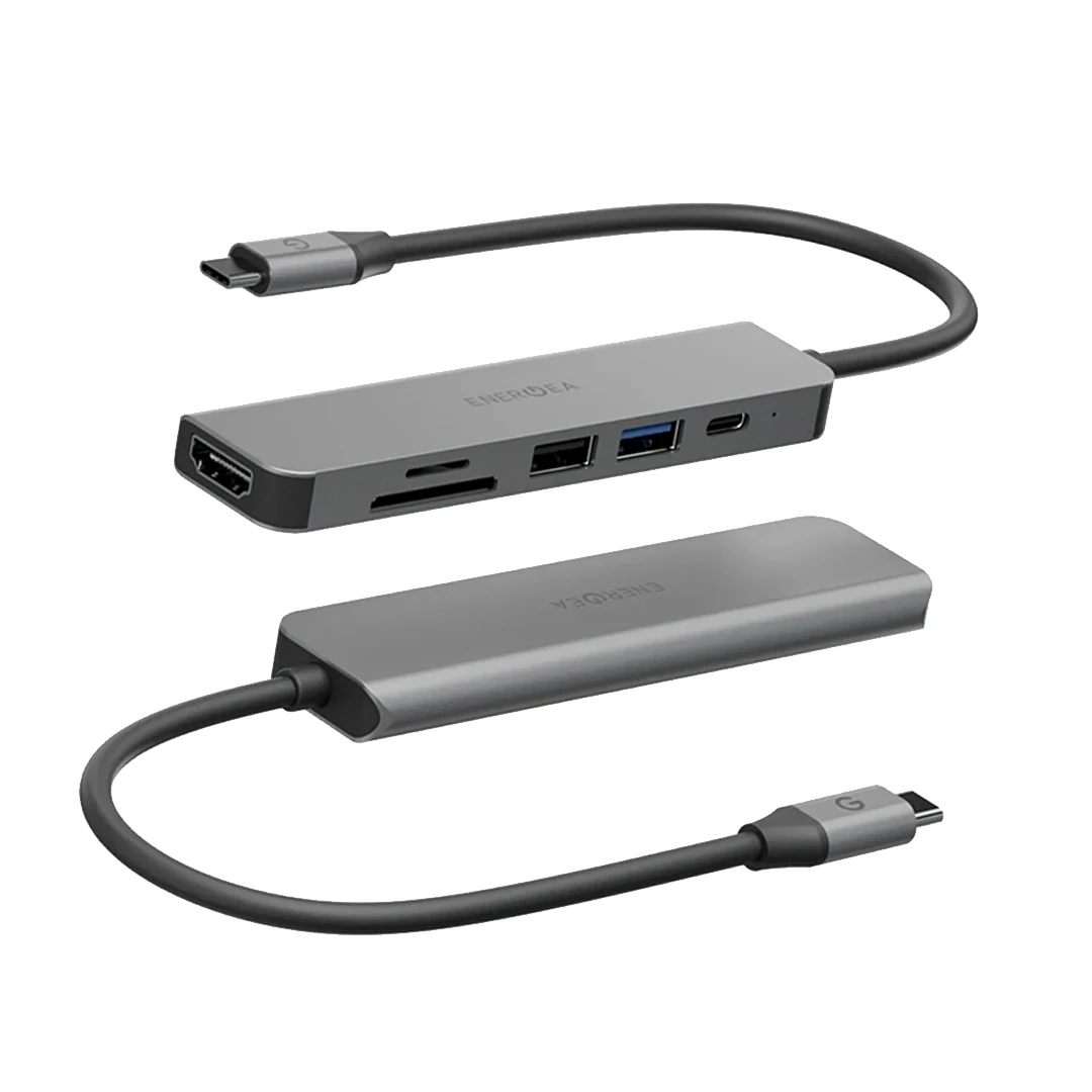 HDMI, SD kart okuyucu, USB portları ve kabloları olan iki gri USB-C hub.