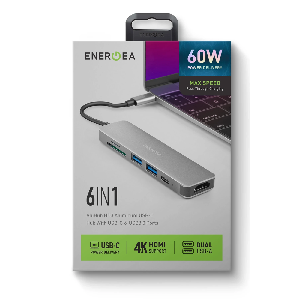 Gri 6'sı 1 arada USB-C hub bir dizüstü bilgisayara bağlı. 60W PD.