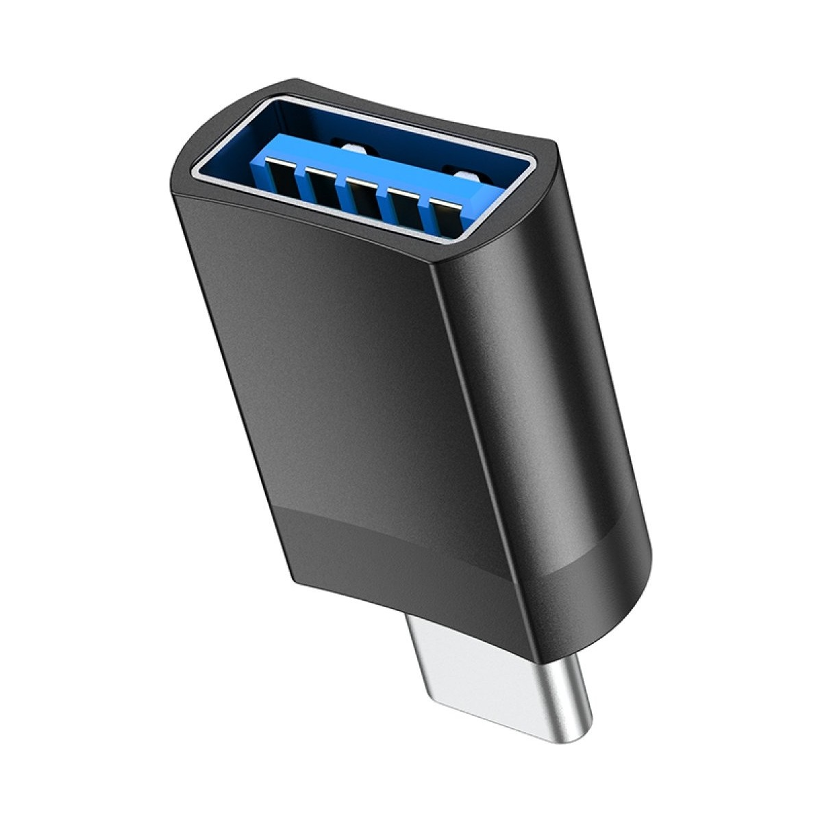 Mavi USB-A bağlantı noktalı siyah USB-C adaptörü.