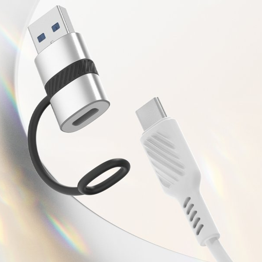 Siyah kablolu gümüş USB-A konnektör ve beyaz USB-C konnektör.
