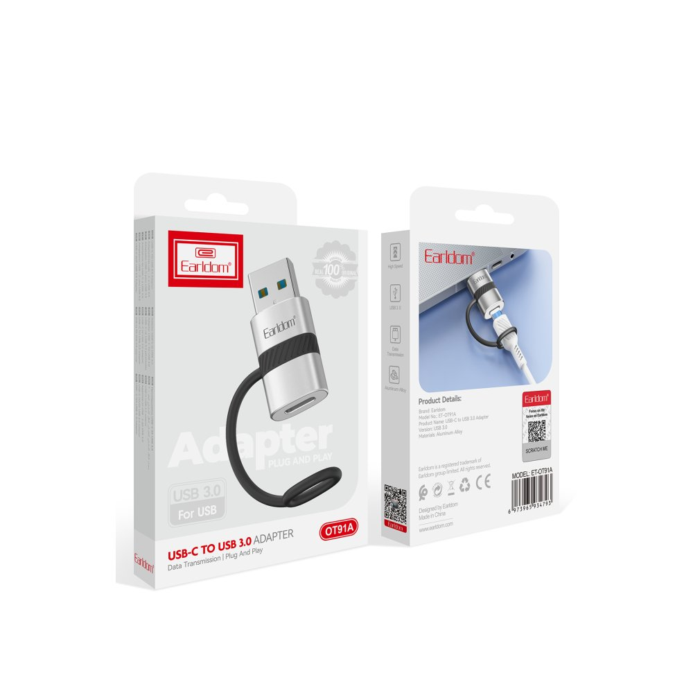 Earldom USB-C - USB 3.0 adaptörü ambalajda, siyah kablolu gümüş renkte.