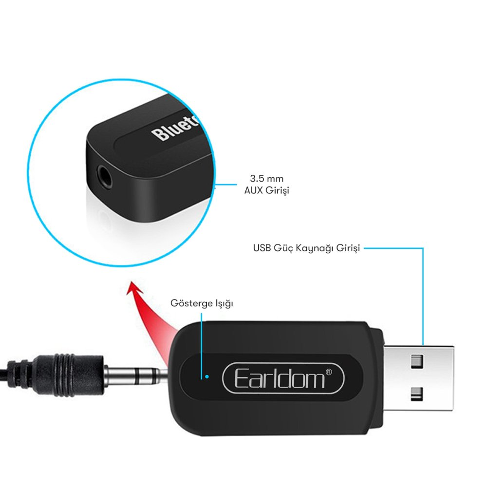 EARLDOM M22 Bluetooth 5.0 Usb Aux Dönüştürücü Adaptör Siyah Fiyat
