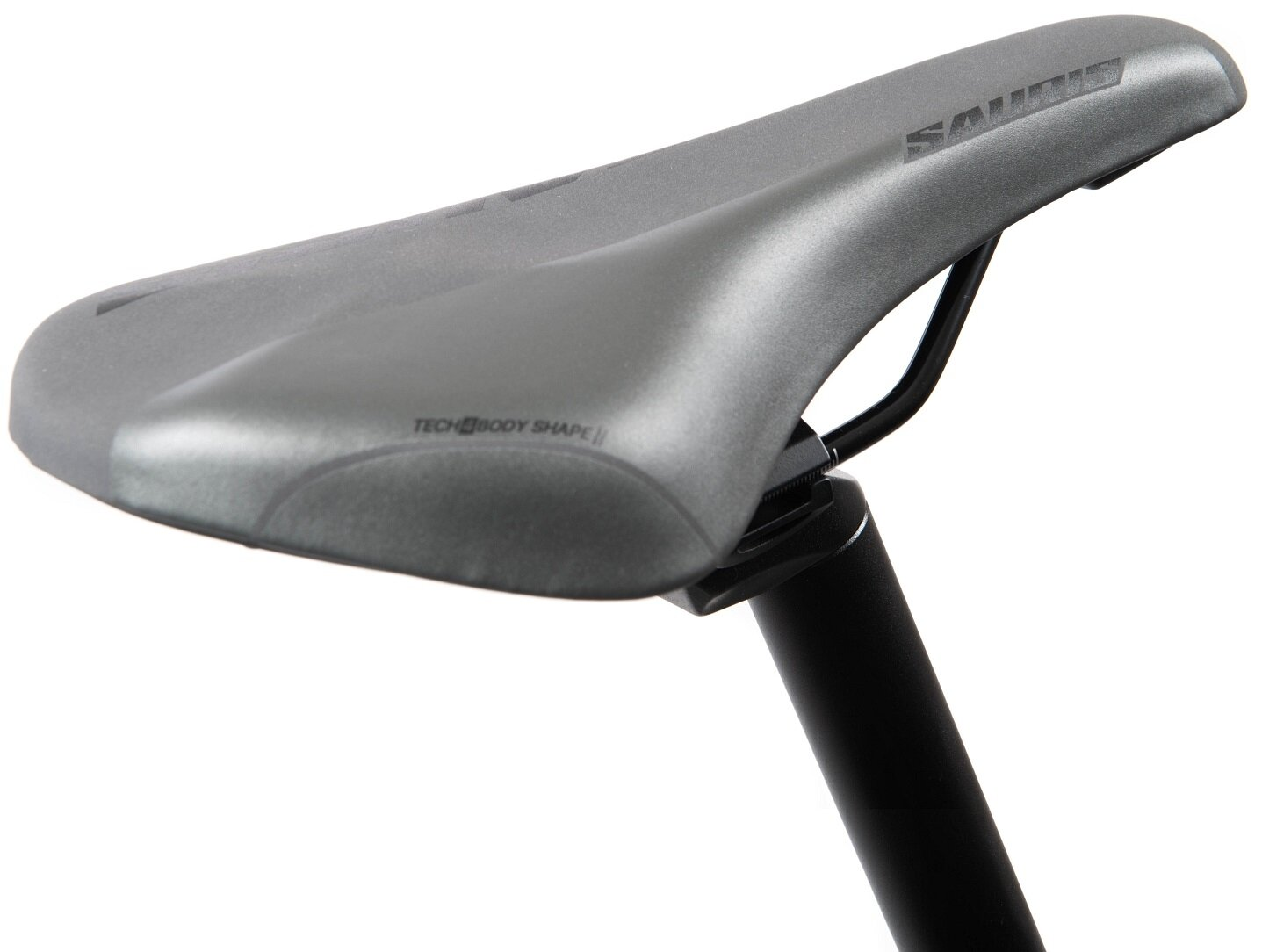 Szare siodełko rowerowe z czarną ramą i srebrnym napisem.