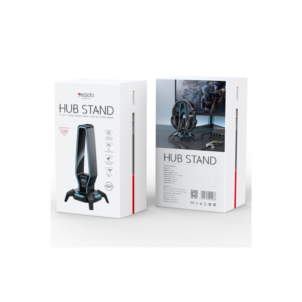 Kulaklık tutuculu, USB hub'lı ve ses adaptörlü hub standı ambalajı.