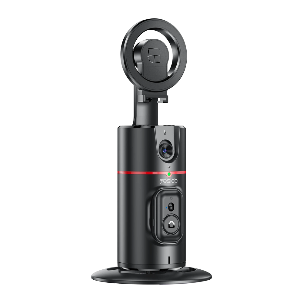 Halka ışıklı ve kamera montajlı siyah gimbal dengeleyici.
