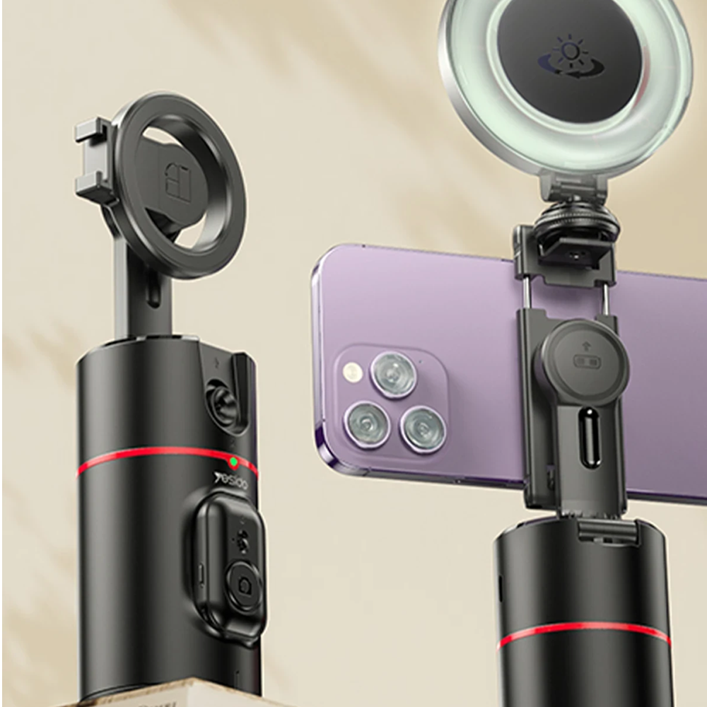 Kırmızı vurgulu iki siyah gimbal dengeleyici mor bir akıllı telefonu tutuyor.