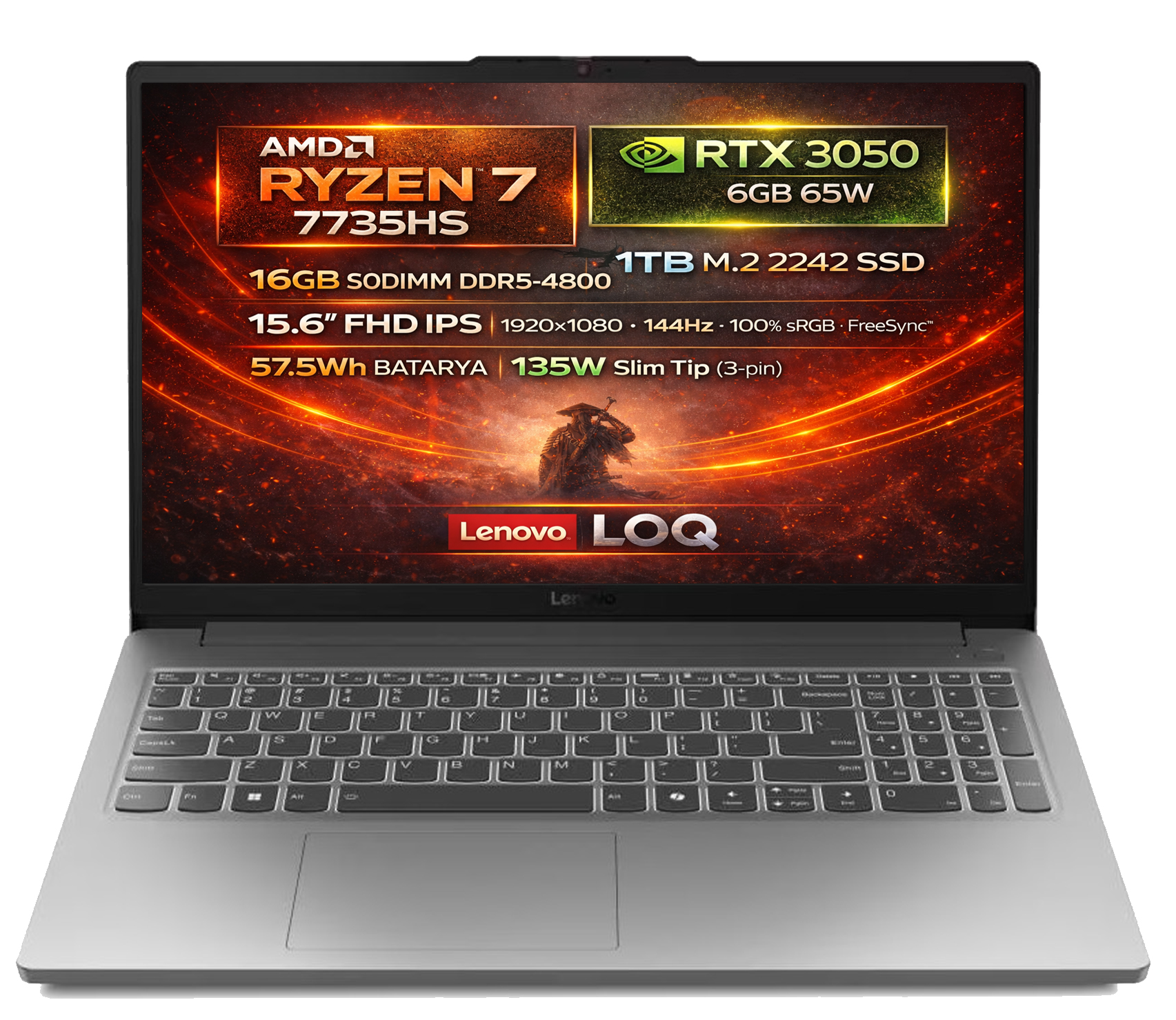 LENOVO LOQ 15ARP10E 83S00032TR RTX 3050 6GB FHD IPS 144Hz AMD Ryzen 7 7735HS 16 GB RAM 1 TB SSD 15,6 inç FreeDOS Laptop Gri
