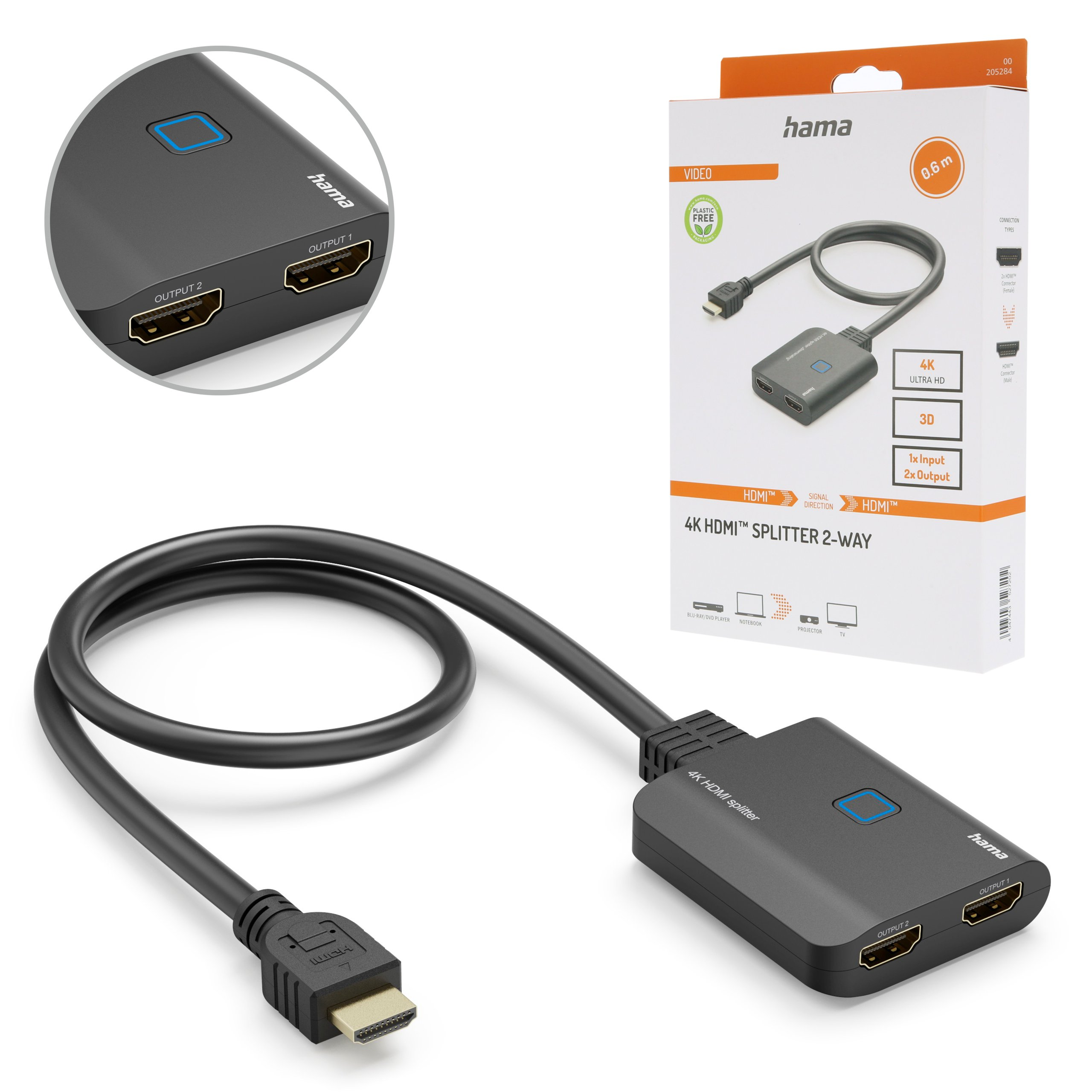 Czarny rozdzielacz HDMI Hama z kablem i opakowaniem.