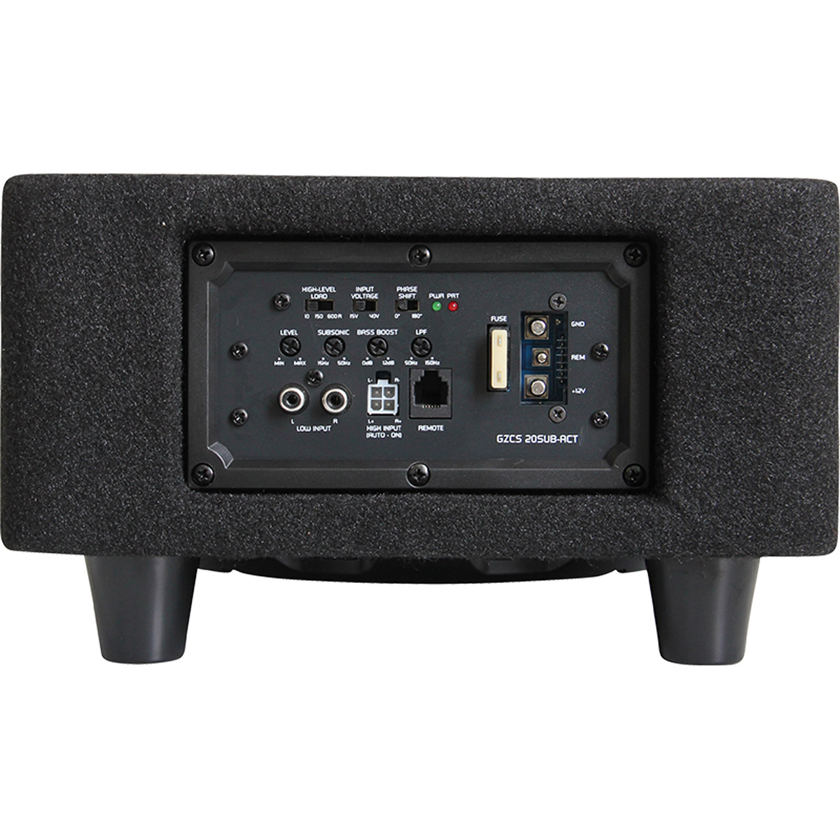 Rückseite eines schwarzen Subwoofers mit Anschlüssen, Reglern und Sicherung.