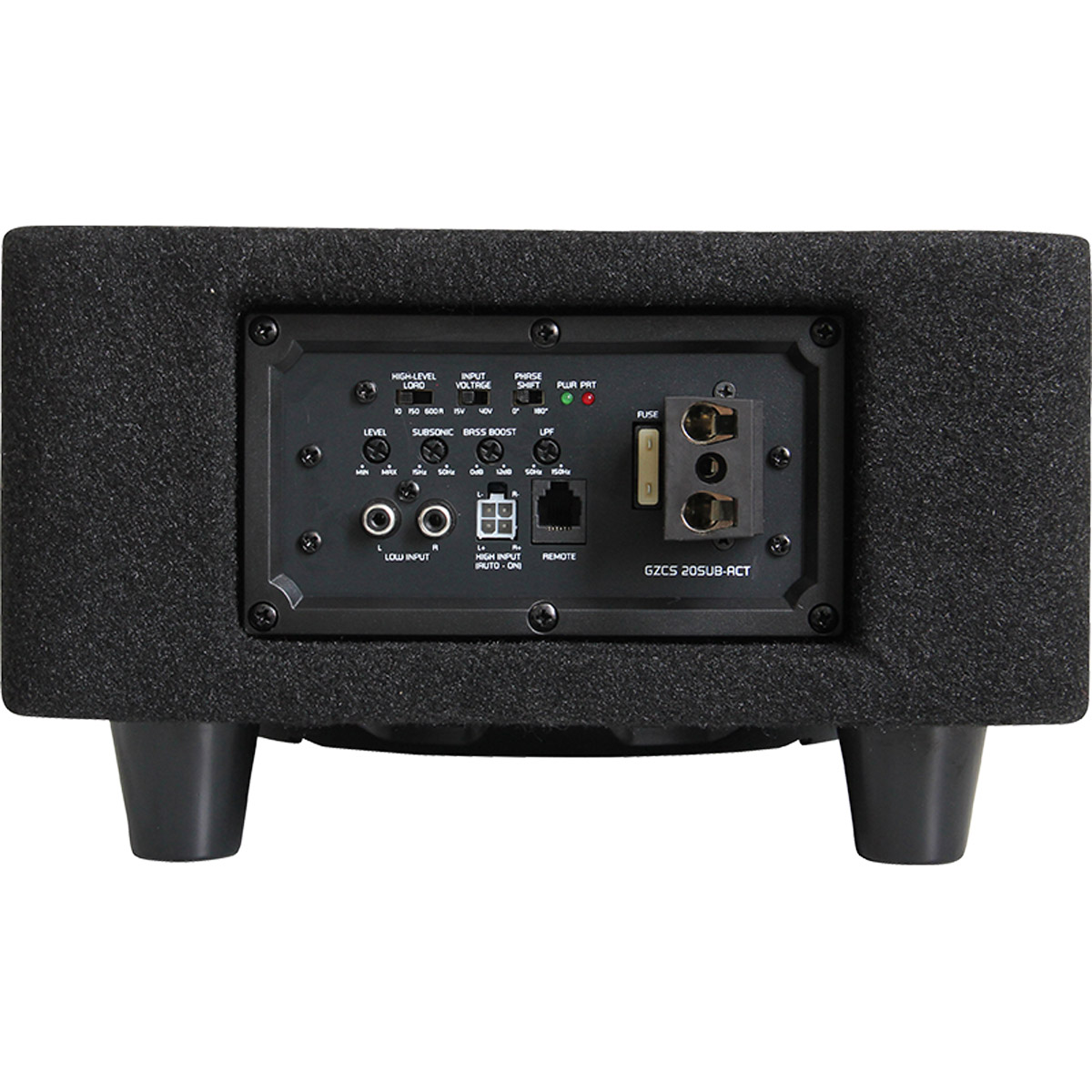 Rückseite eines Subwoofers mit Anschlüssen: Cinch, Fernbedienung, Netzteil.