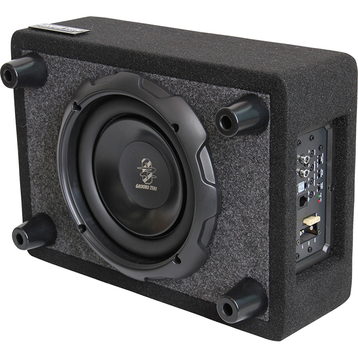 Schwarzer Subwoofer mit grauer Stoffverkleidung und vier schwarzen Füßen.