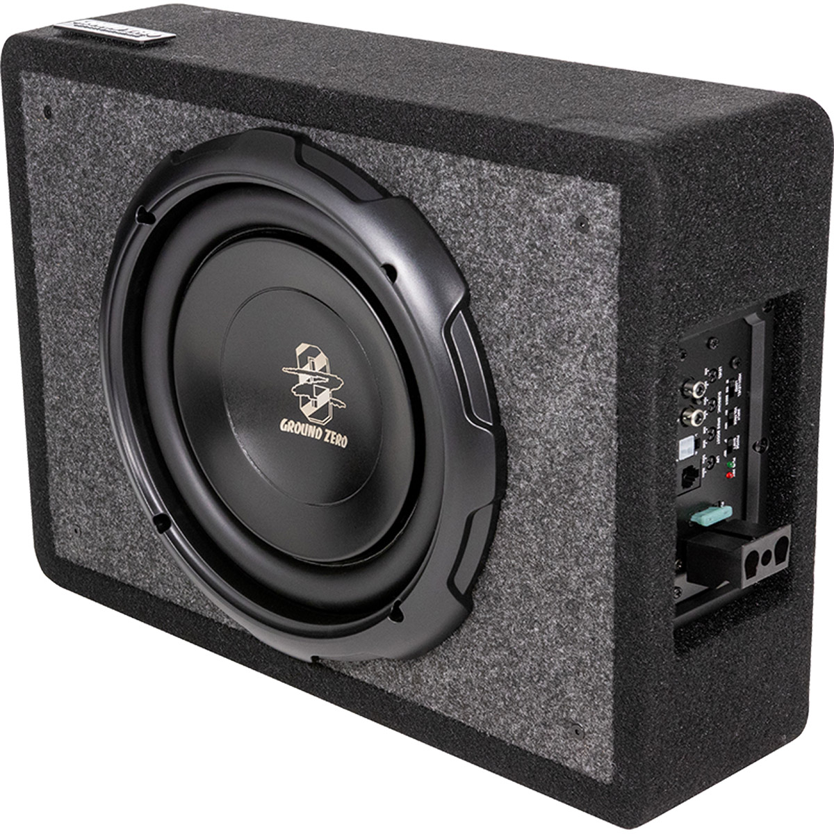 Schwarzer Subwoofer mit grauem Stoffbezug und silbernem Logo.