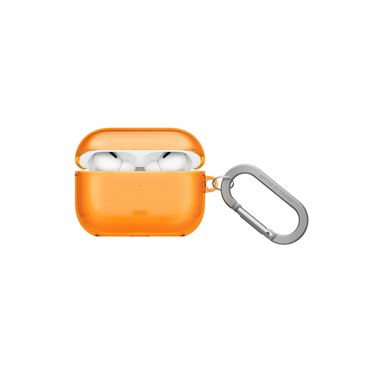 Karabinalı turuncu AirPods Pro kılıfı, beyaz yazı.