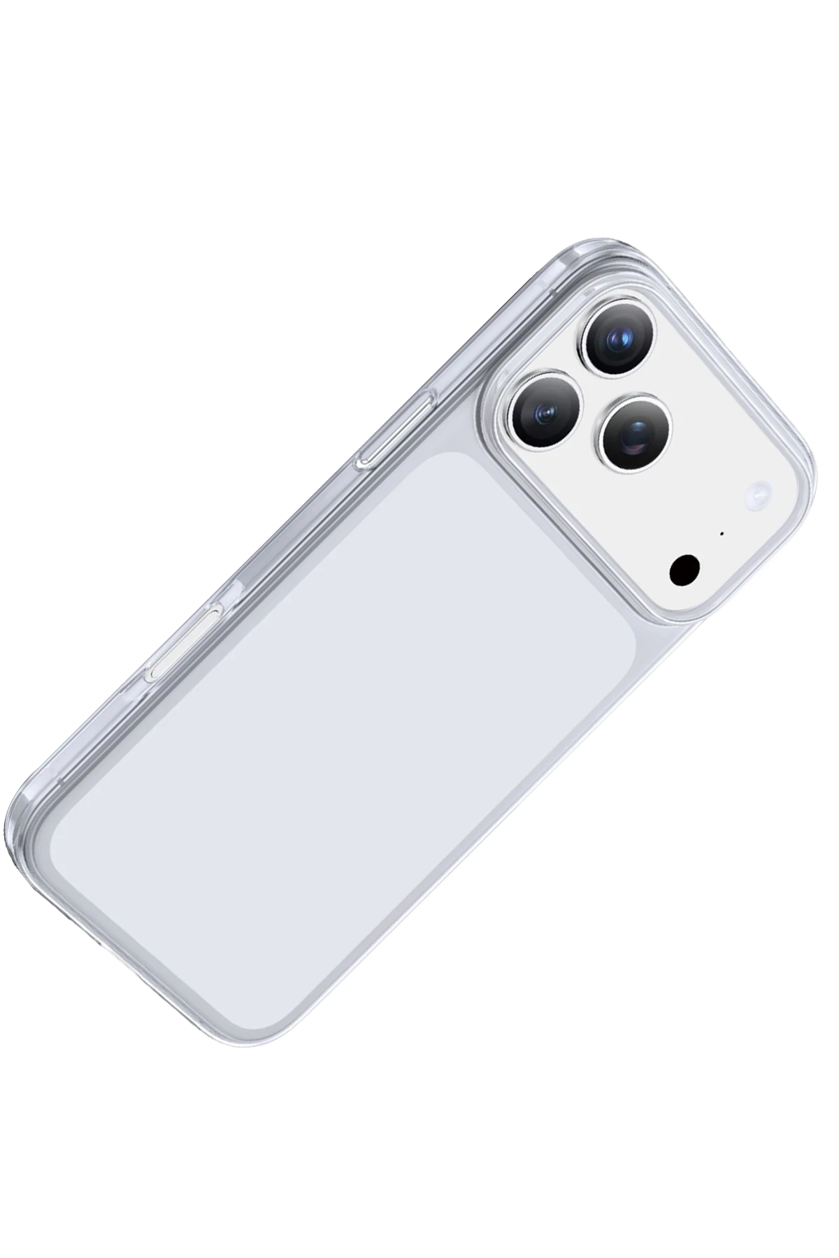 Siyah arka plan üzerinde üç kameralı şeffaf iPhone kılıfı.